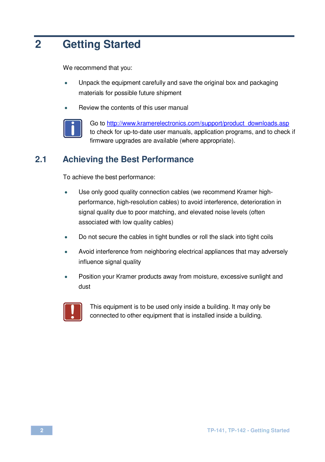 Kramer Electronics TP-141 user manual Getting Started, Achieving the Best Performance 