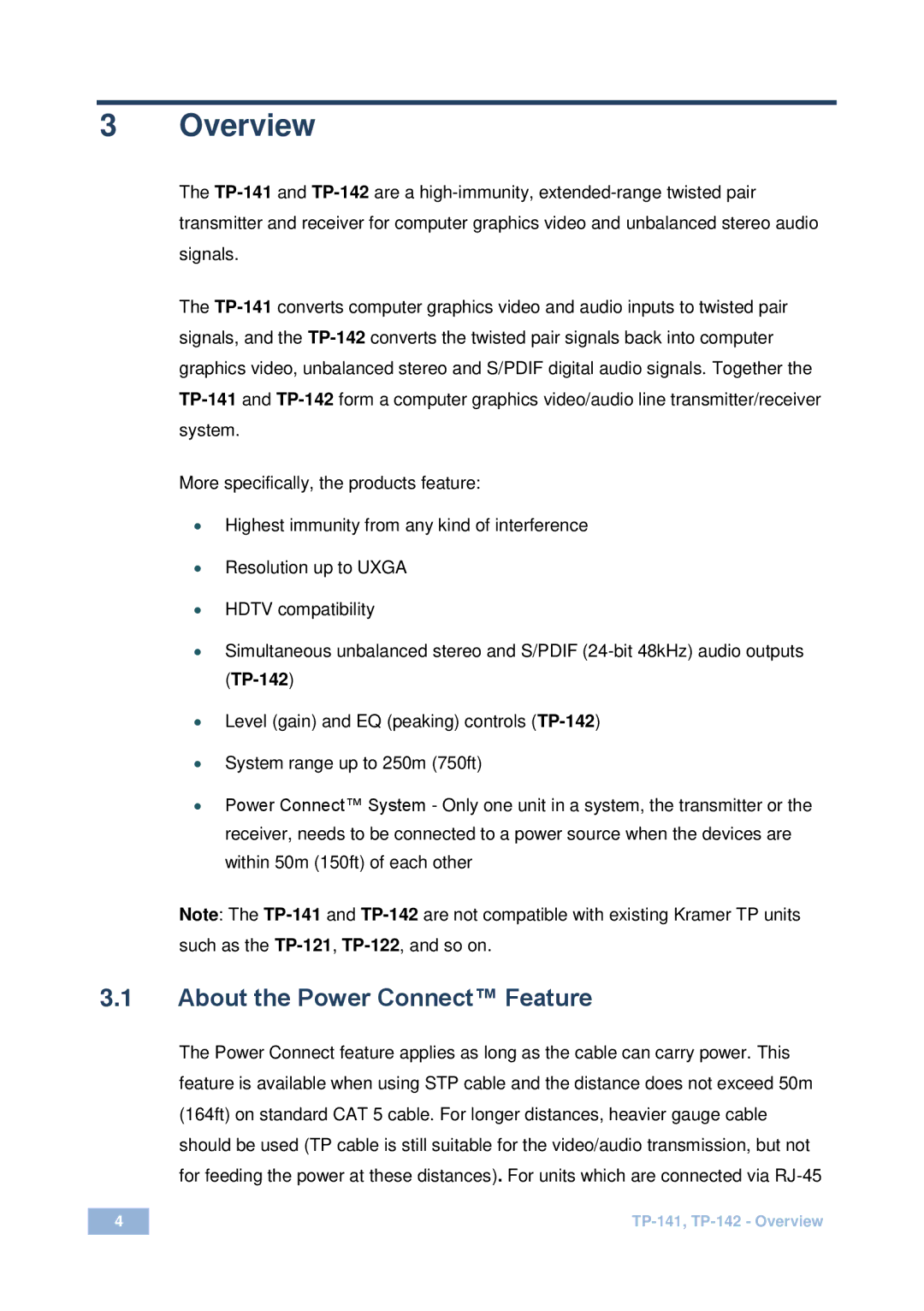 Kramer Electronics TP-141 user manual Overview, About the Power Connect Feature 