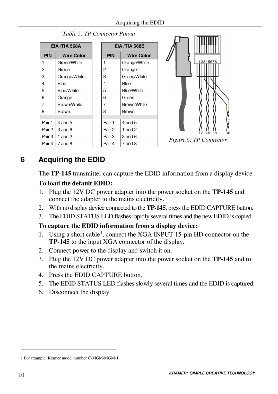 Kramer Electronics tp-145 user manual Acquiring the Edid, To load the default Edid 