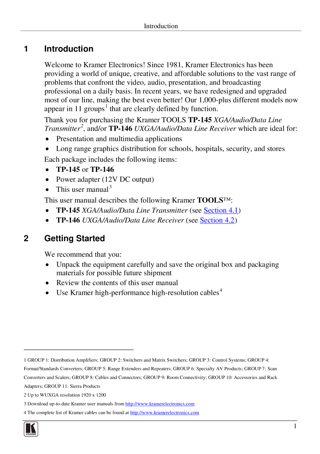 Kramer Electronics tp-145 user manual Introduction, Getting Started, TP-145 or TP-146 