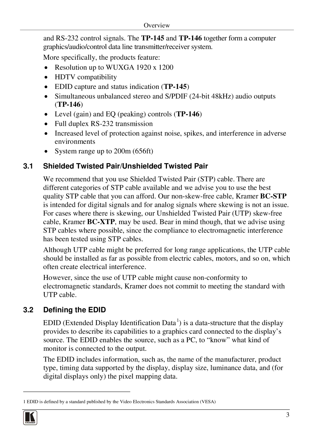 Kramer Electronics tp-145 user manual Shielded Twisted Pair/Unshielded Twisted Pair, Defining the Edid 