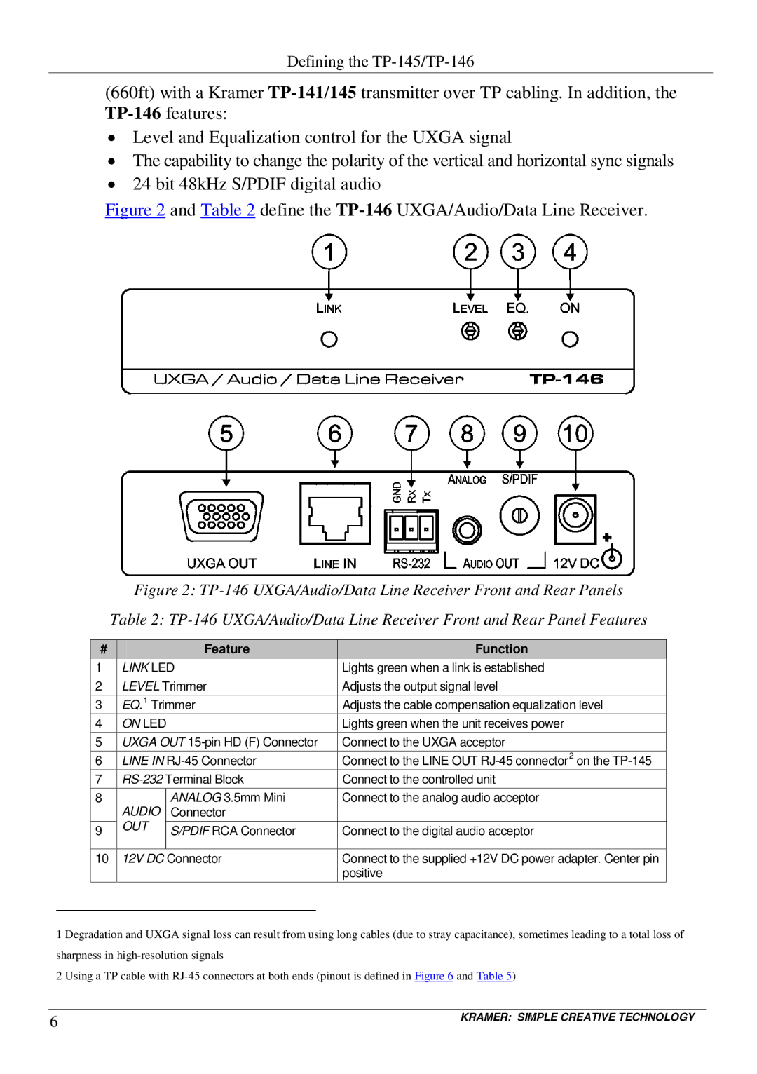 Kramer Electronics tp-145 user manual Define the TP-146UXGA/Audio/Data Line Receiver 