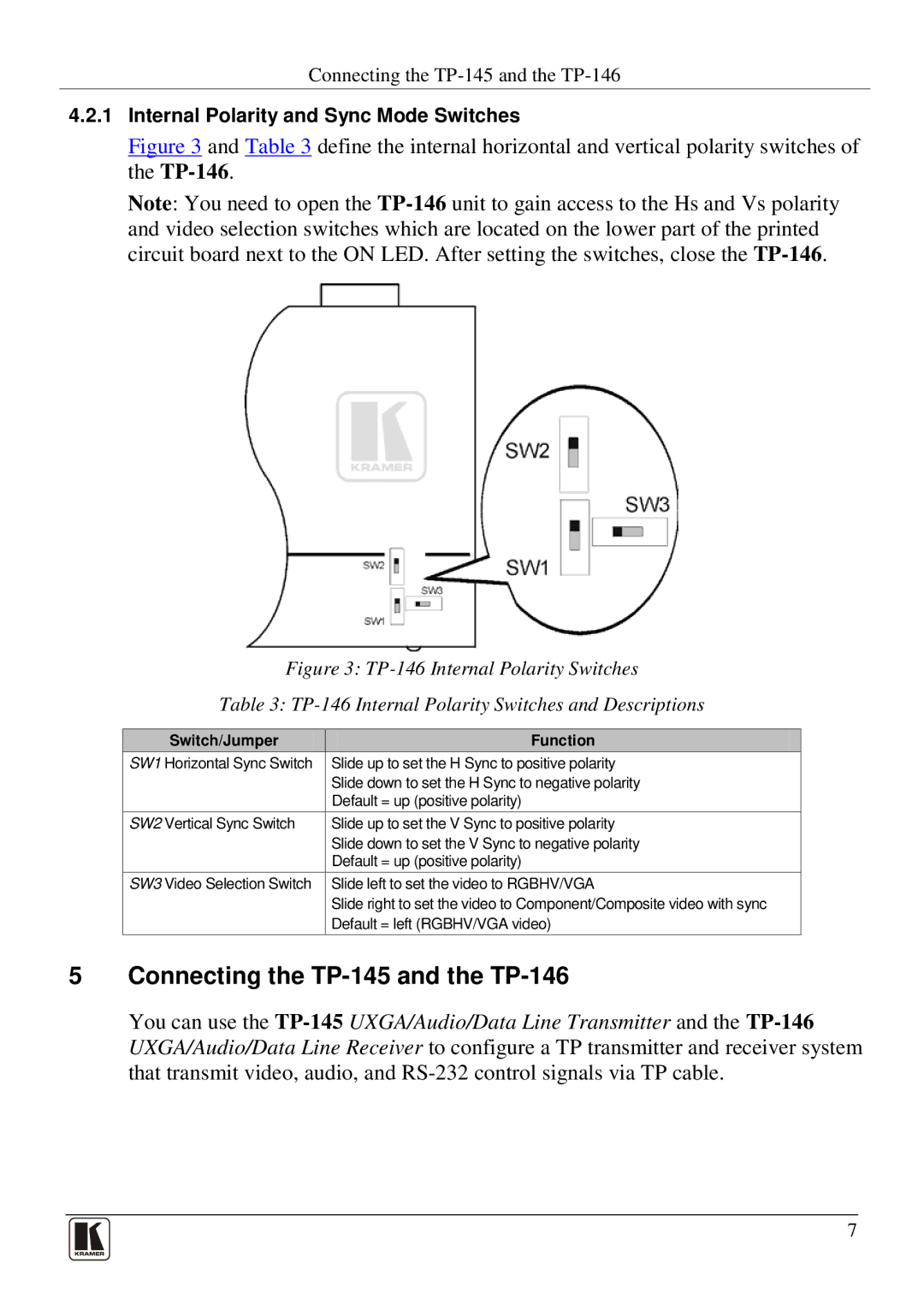 Kramer Electronics tp-145 user manual Connecting the TP-145 and the TP-146, Internal Polarity and Sync Mode Switches 