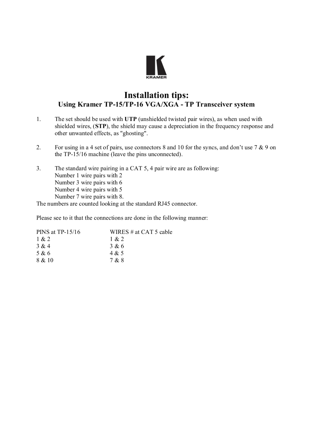 Kramer Electronics TP-15, TP-16 manual Qvwdoodwlrqwlsv, 8VLQJ.UDPHU73739*$*$737UDQVFHLYHUV\VWHP, 1XPEHUZLUHSDLUVZLWK 