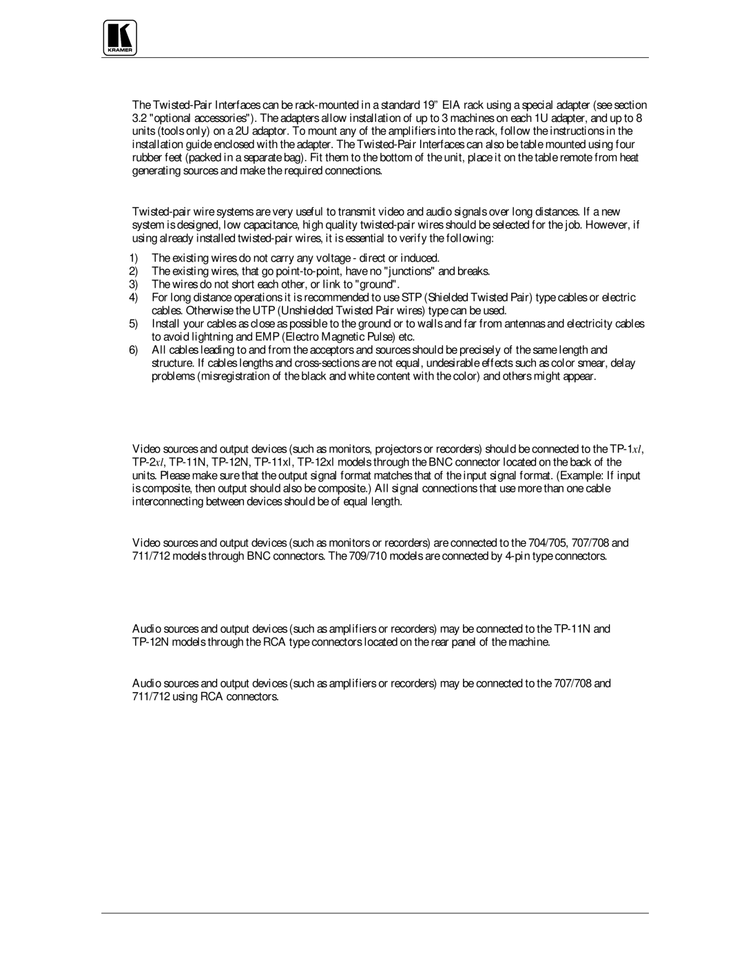 Kramer Electronics TP-1xl user manual Installation, Connecting to Video Devices, Connecting to Audio Devices 