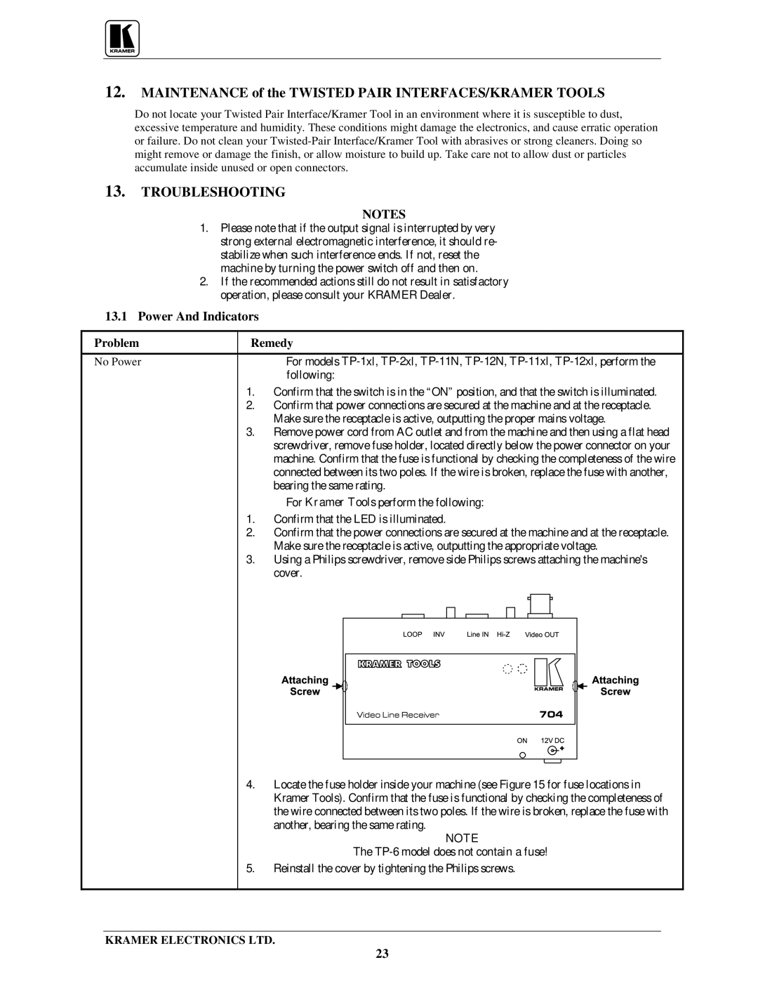 Kramer Electronics TP-1xl Maintenance of the Twisted Pair INTERFACES/KRAMER Tools, Troubleshooting, Power And Indicators 
