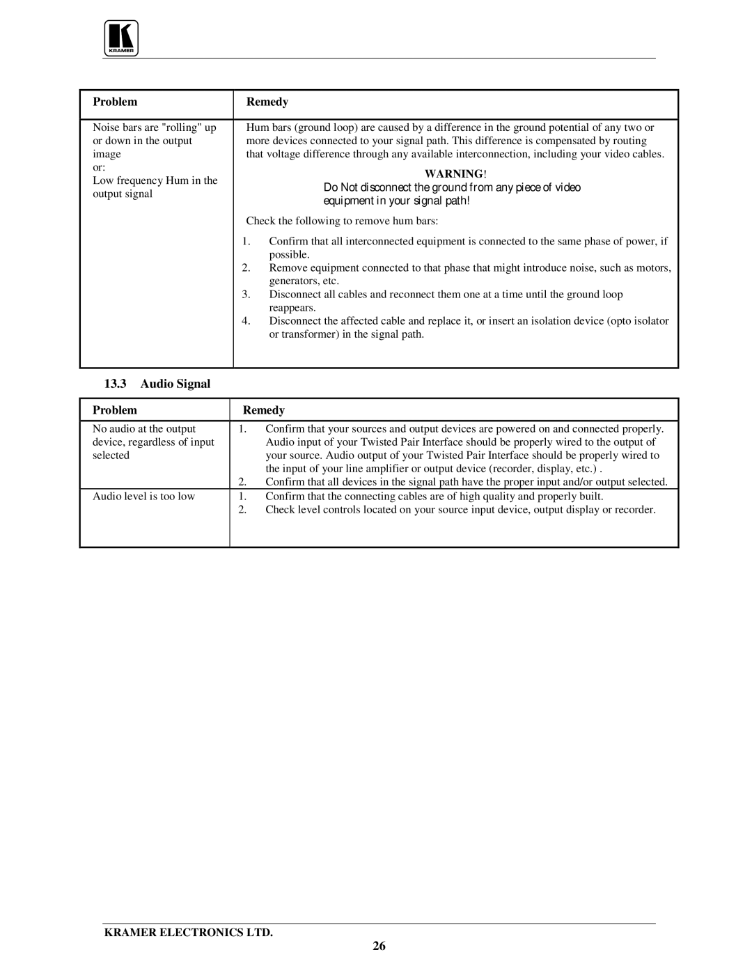 Kramer Electronics TP-1xl user manual Audio Signal, Equipment in your signal path 