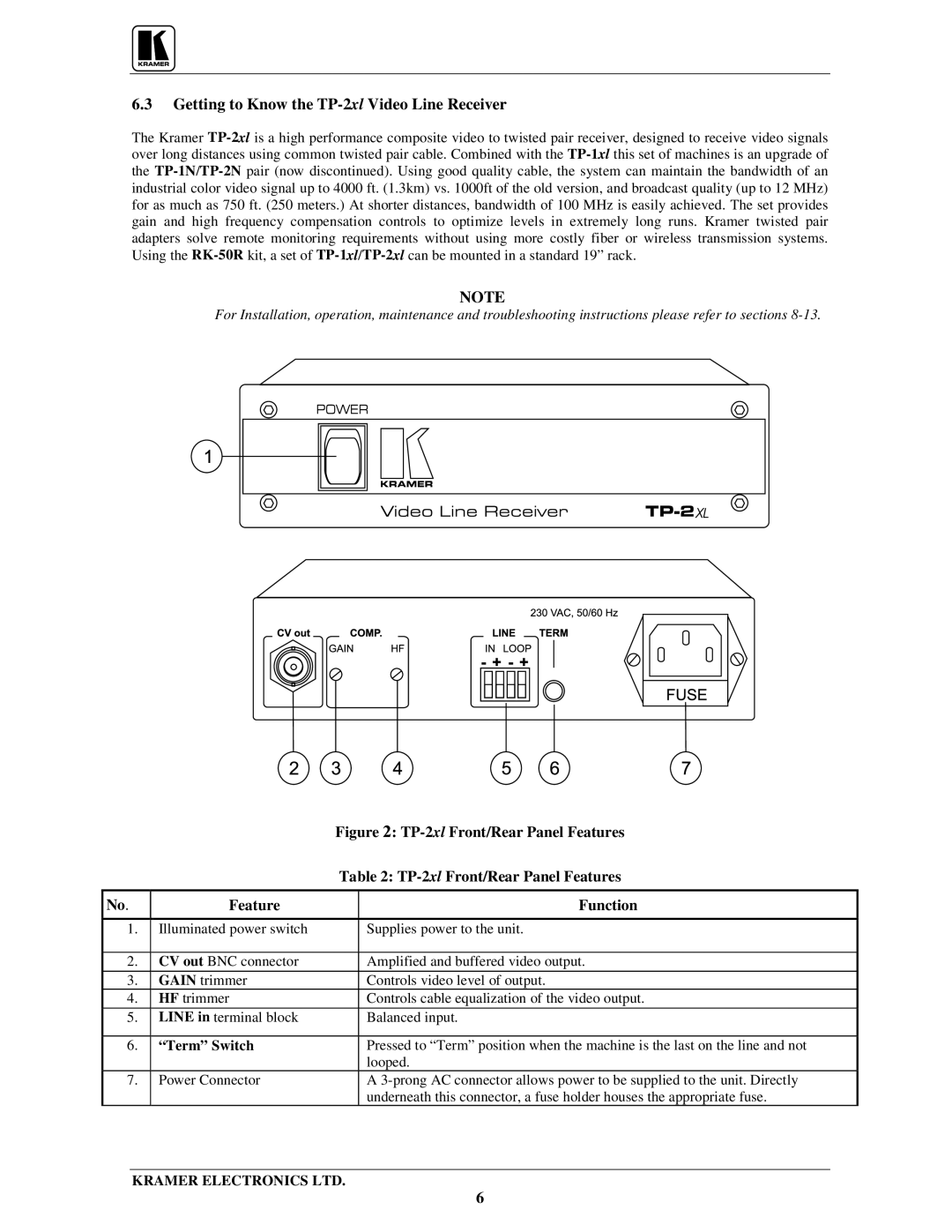 Kramer Electronics TP-1xl Getting to Know the TP-2xlVideo Line Receiver, TP-2xlFront/Rear Panel Features, Term Switch 