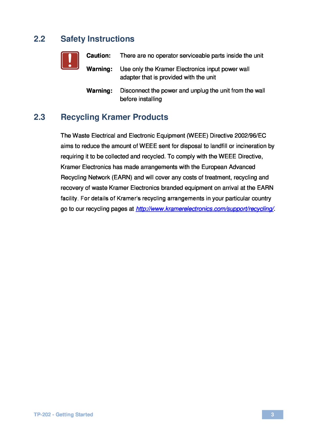 Kramer Electronics TP-202 user manual 2.2Safety Instructions, 2.3Recycling Kramer Products 