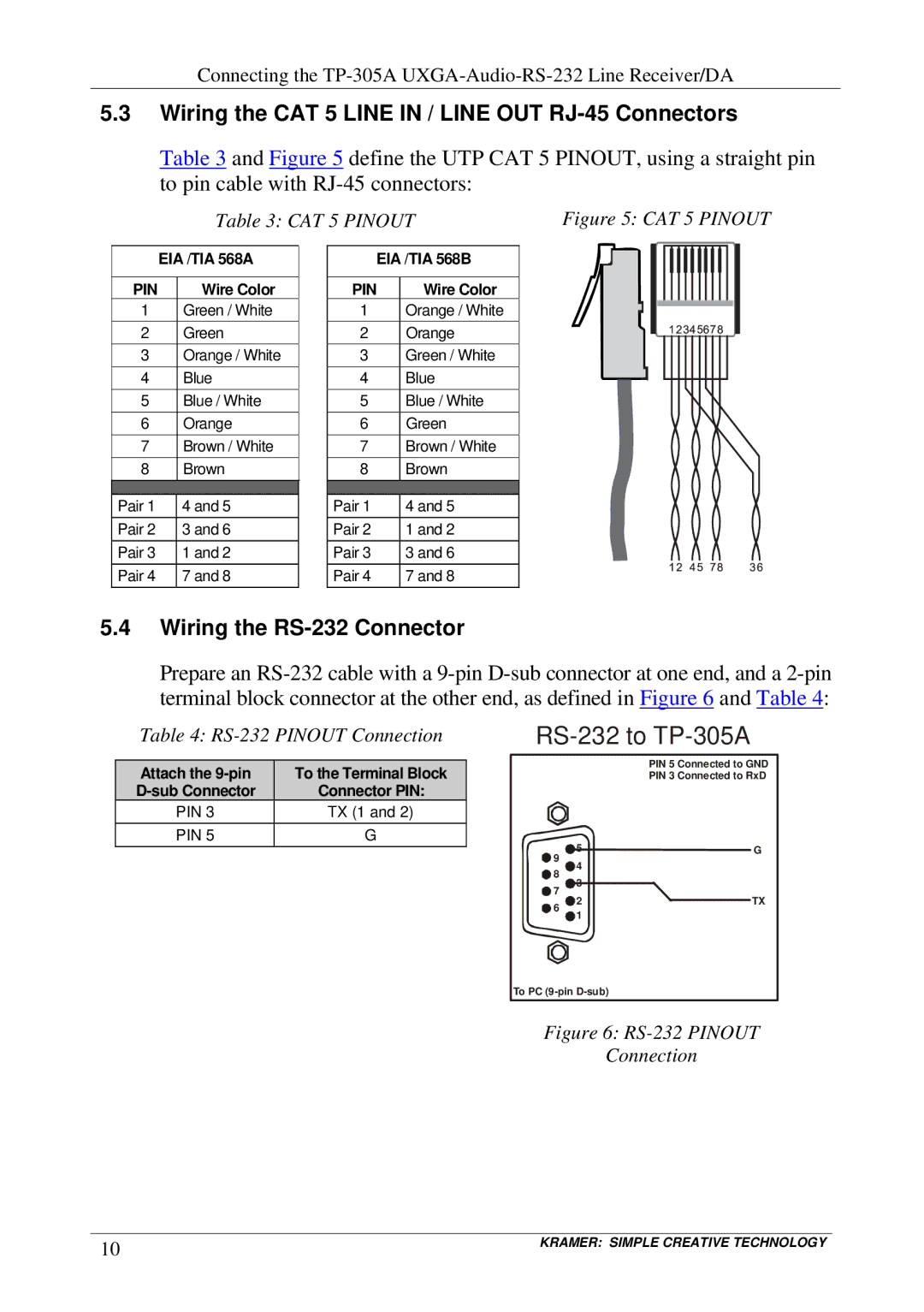 Kramer Electronics TP-305A user manual Wiring the CAT 5 Line in / Line OUT RJ-45 Connectors, Wiring the RS-232 Connector 