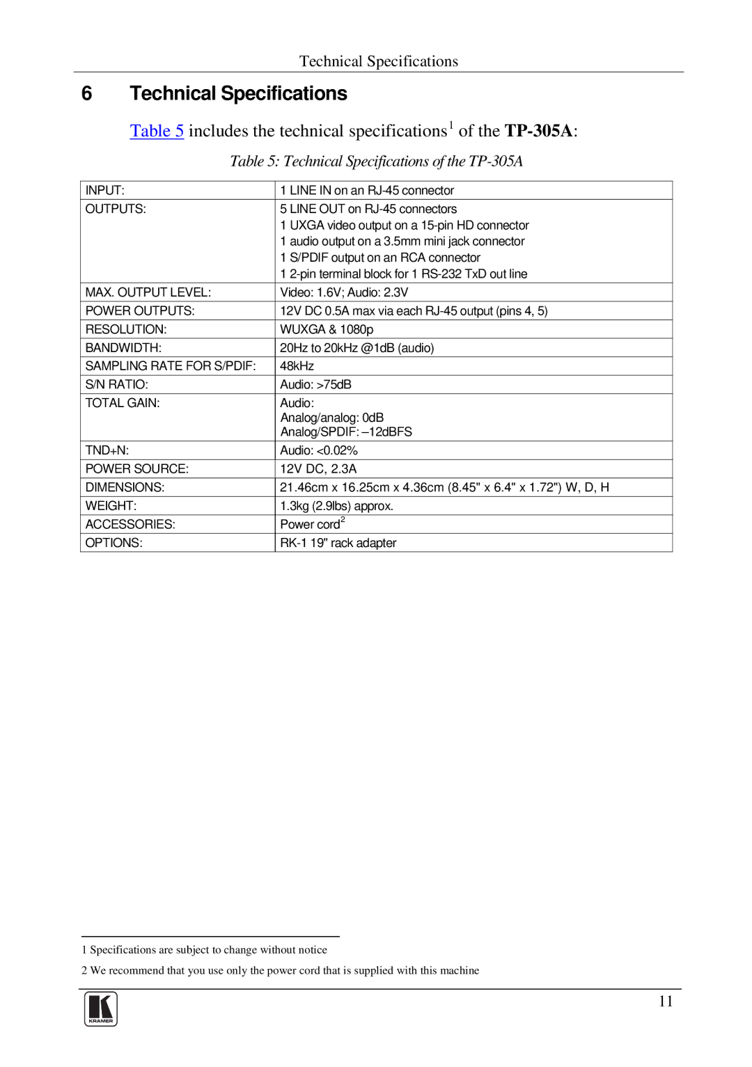 Kramer Electronics user manual Technical Specifications, Includes the technical specifications1 of the TP-305A 