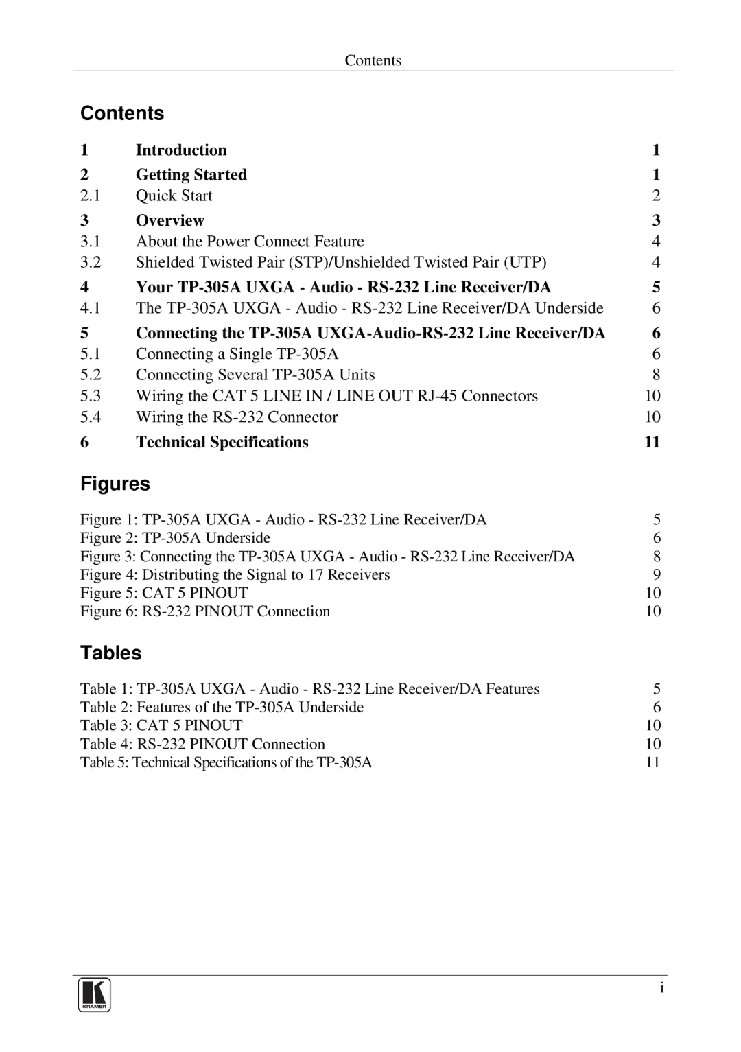 Kramer Electronics TP-305A user manual Contents, Tables 