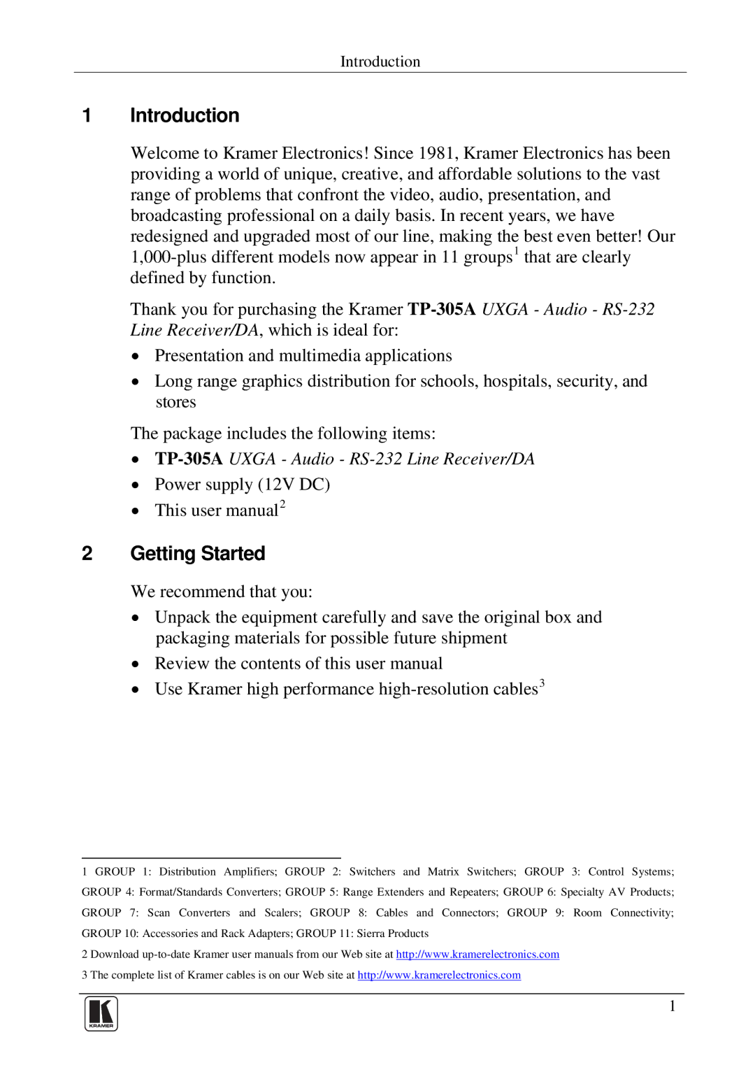 Kramer Electronics TP-305A user manual Introduction, Getting Started 