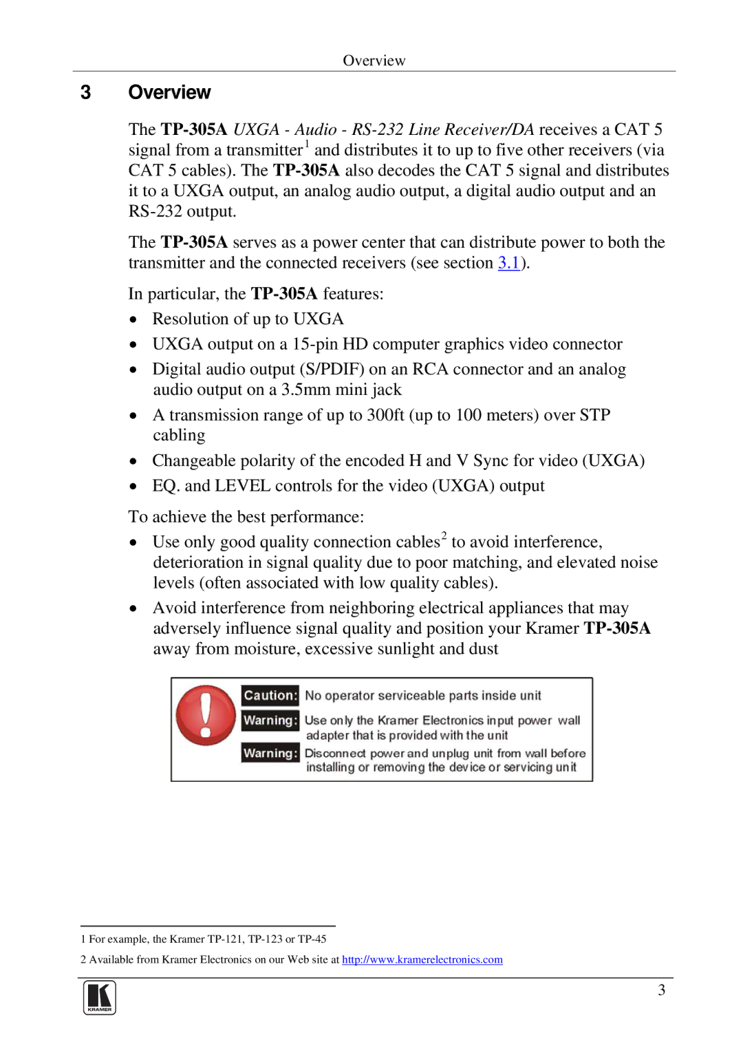 Kramer Electronics TP-305A user manual Overview 