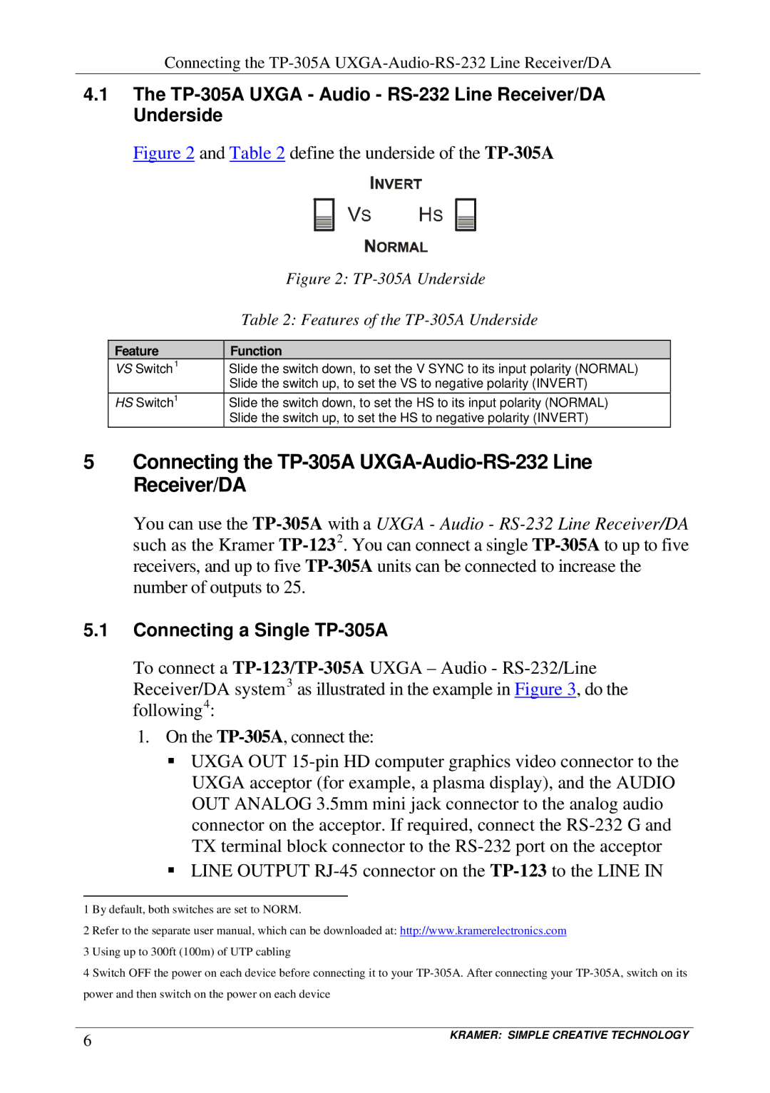 Kramer Electronics user manual Connecting the TP-305A UXGA-Audio-RS-232 Line Receiver/DA, Connecting a Single TP-305A 