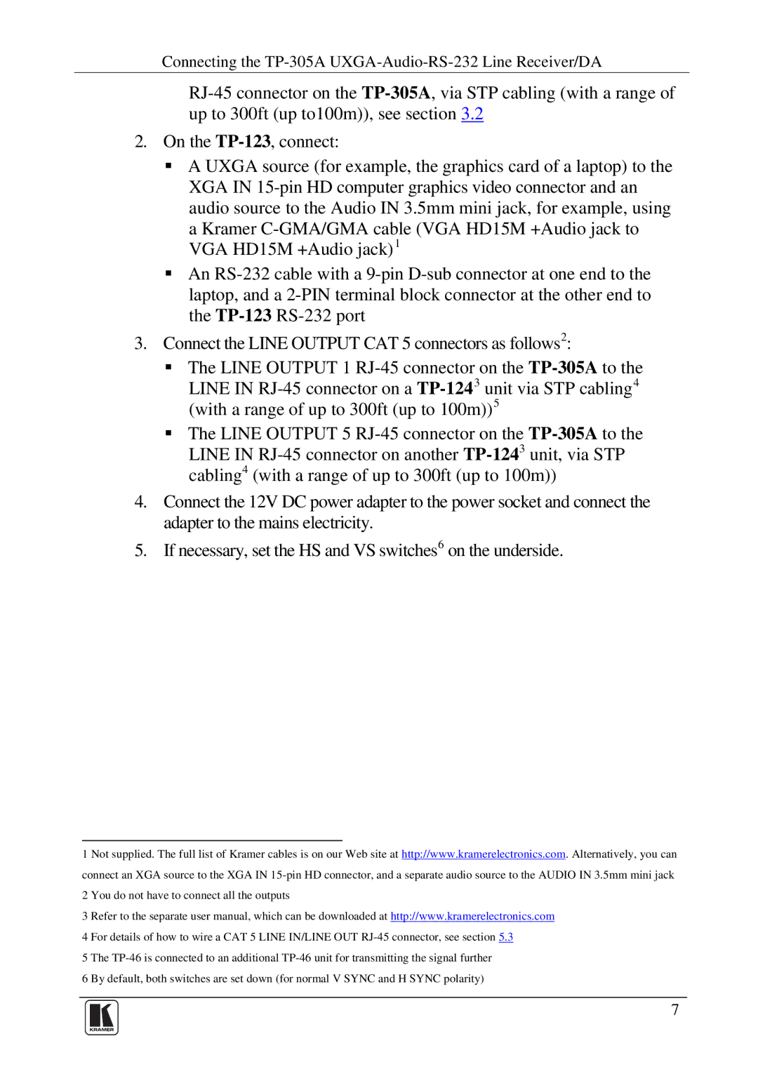 Kramer Electronics user manual Connecting the TP-305A UXGA-Audio-RS-232 Line Receiver/DA 