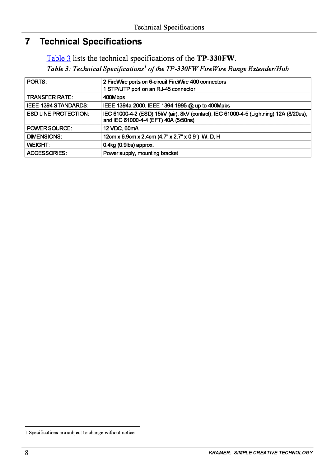 Kramer Electronics TP-330FW user manual Technical Specifications 