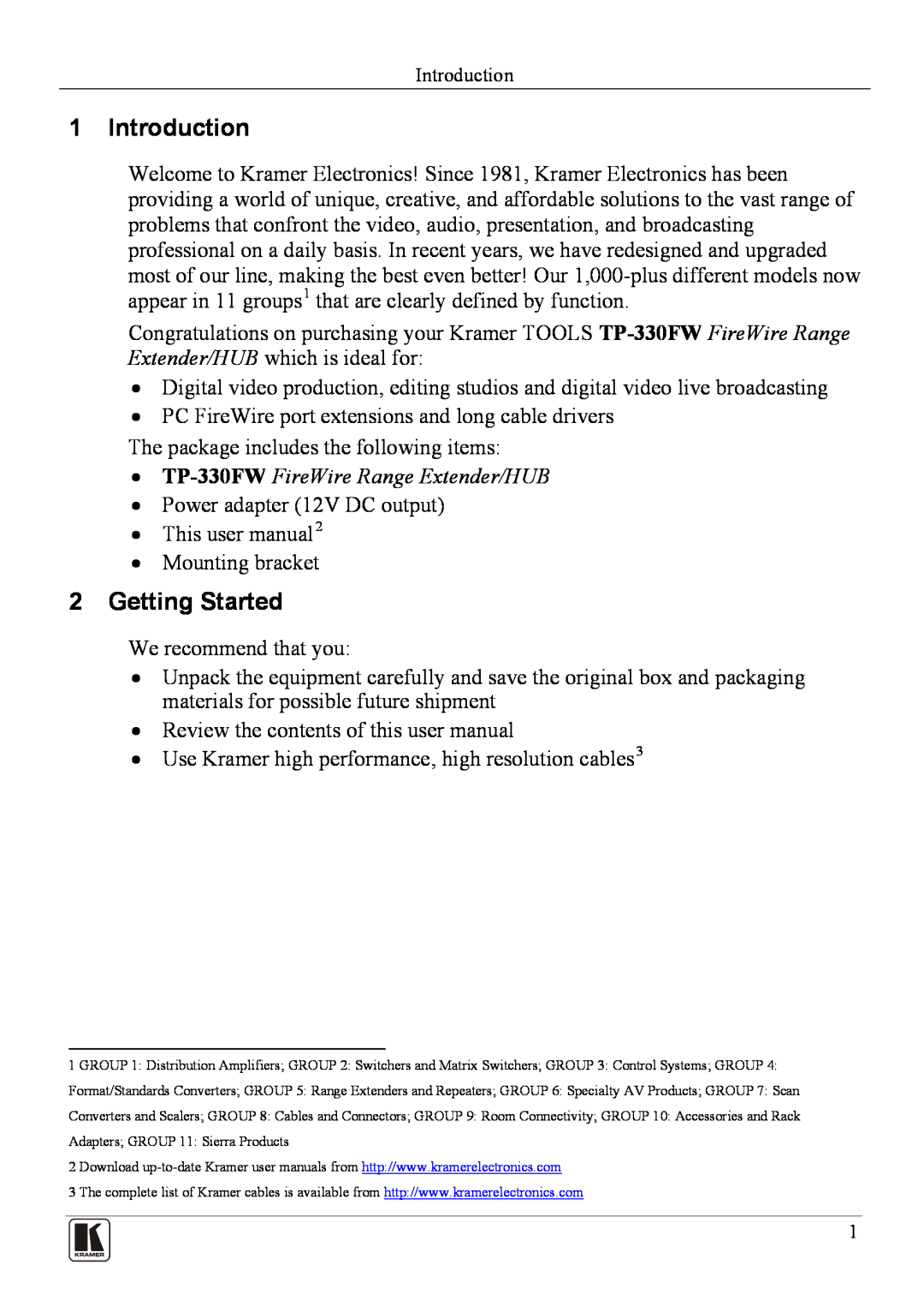 Kramer Electronics user manual Introduction, Getting Started, TP-330FW FireWire Range Extender/HUB 