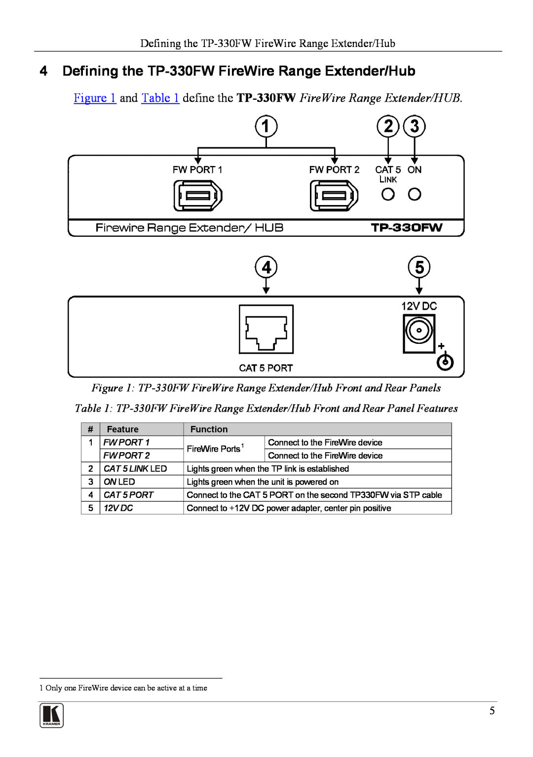 Kramer Electronics user manual Defining the TP-330FWFireWire Range Extender/Hub, Feature, Function 