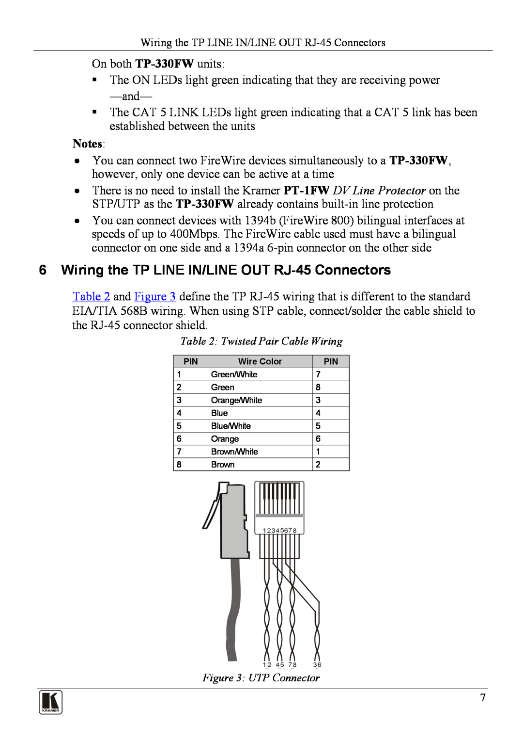 Kramer Electronics TP-330FW user manual Wiring the TP LINE IN/LINE OUT RJ-45Connectors 