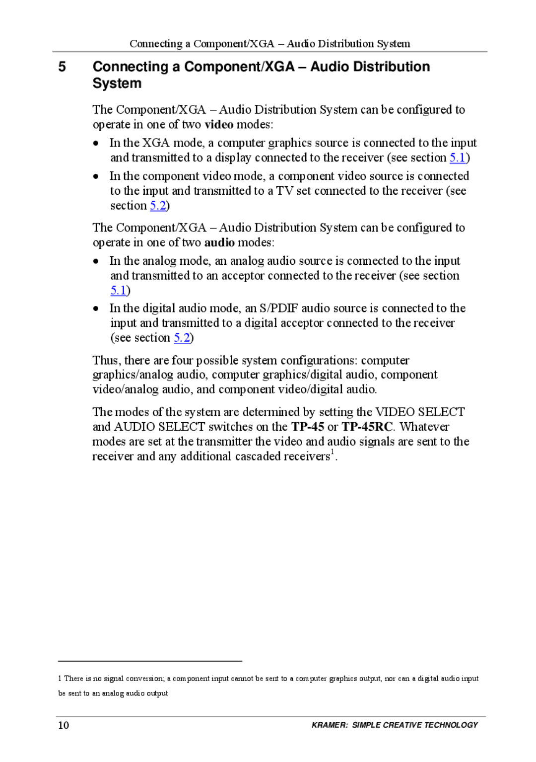 Kramer Electronics TP-45 user manual Connecting a Component/XGA Audio Distribution System 