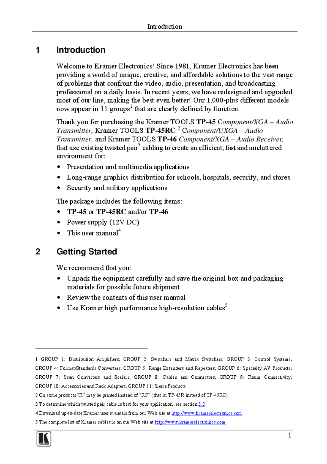 Kramer Electronics TP-45 user manual Introduction, Getting Started 