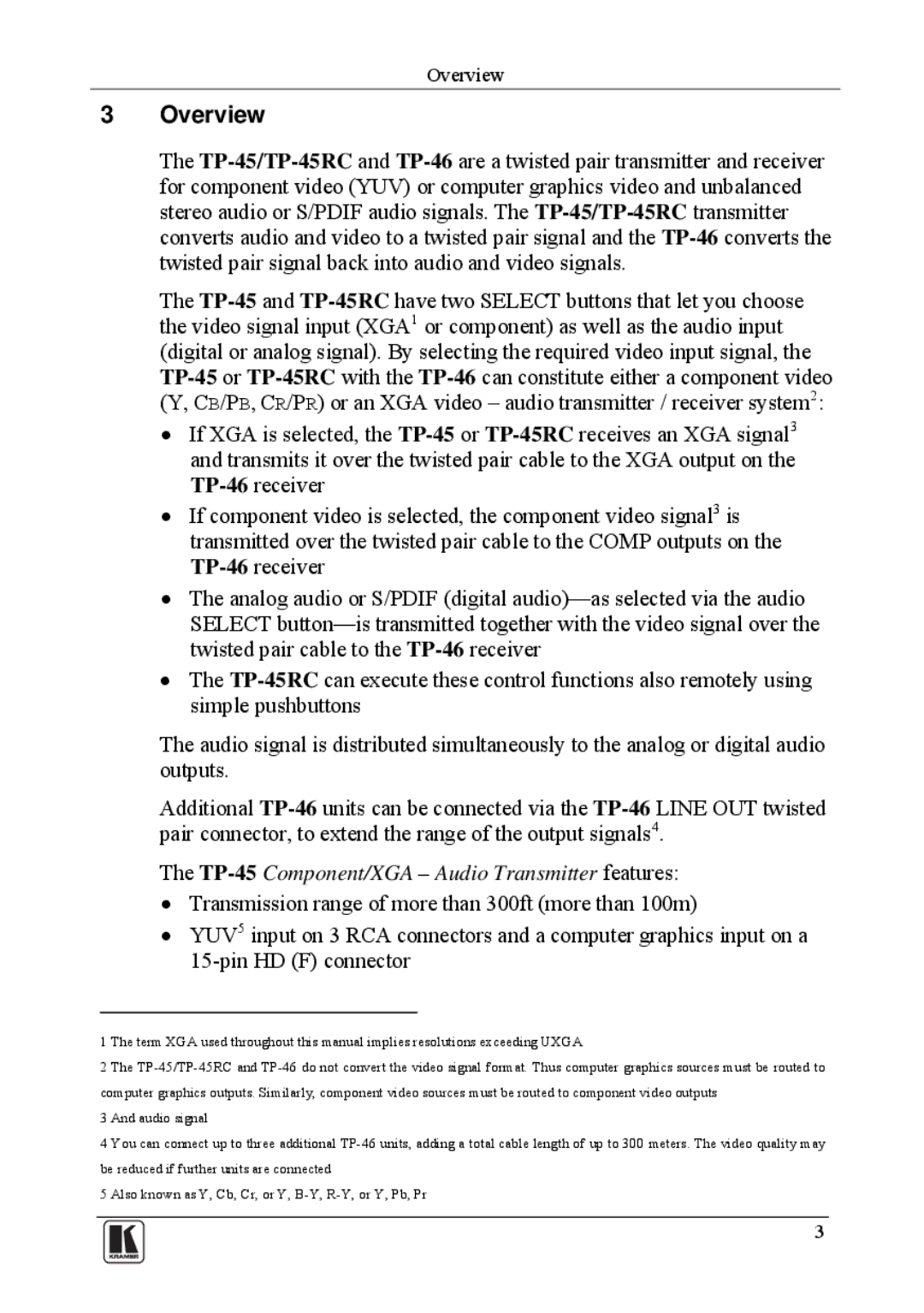 Kramer Electronics user manual Overview, TP-45Component/XGA Audio Transmitter features 