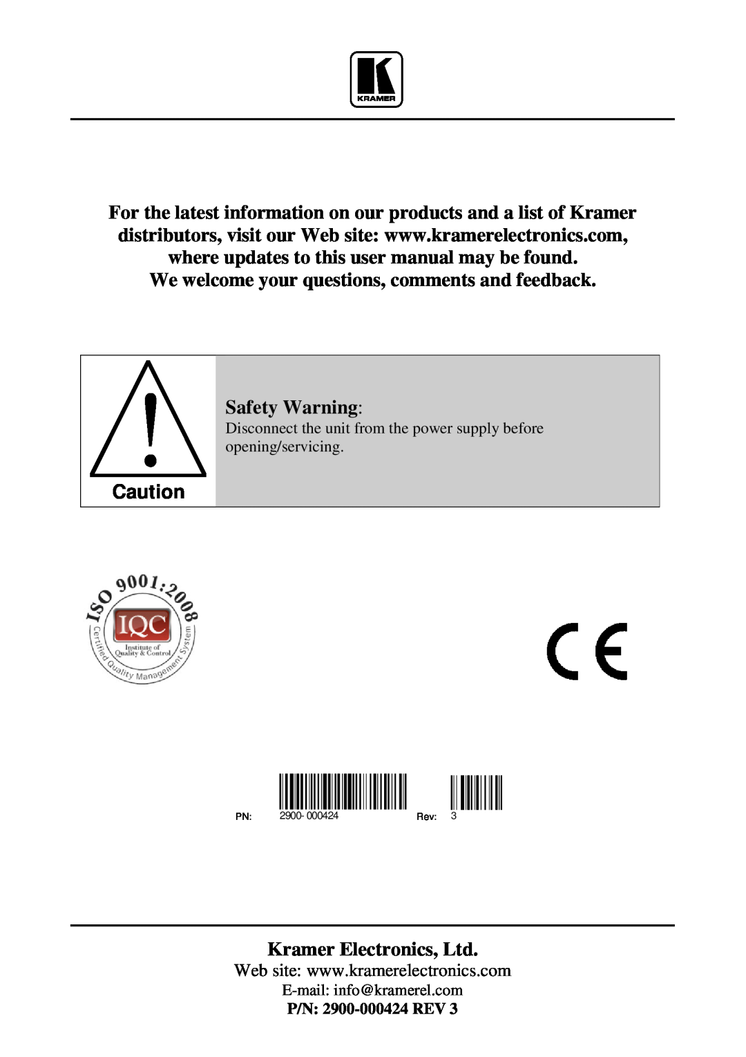 Kramer Electronics TP-45 We welcome your questions, comments and feedback Safety Warning, E-mail info@kramerel.com, 2900 