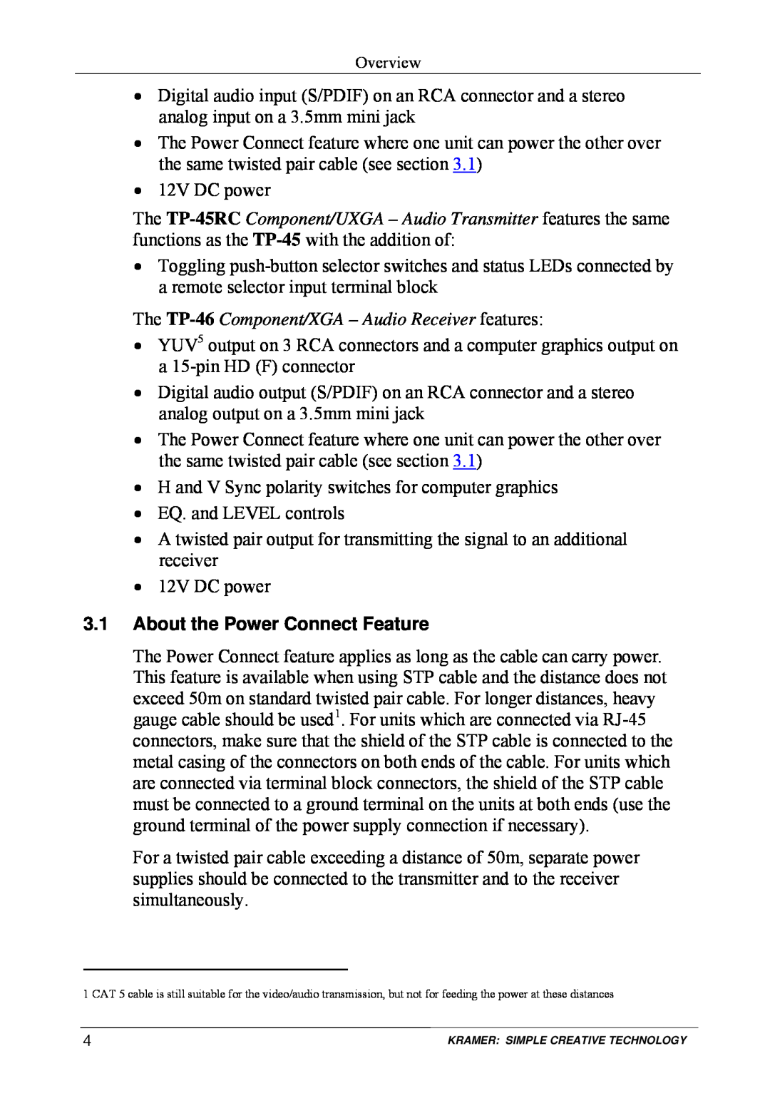 Kramer Electronics TP-45 user manual The TP-46 Component/XGA - Audio Receiver features, About the Power Connect Feature 