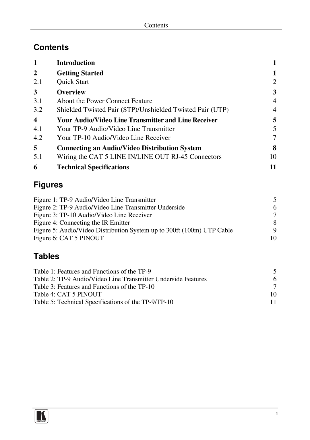 Kramer Electronics TP-9 user manual Contents, Tables 