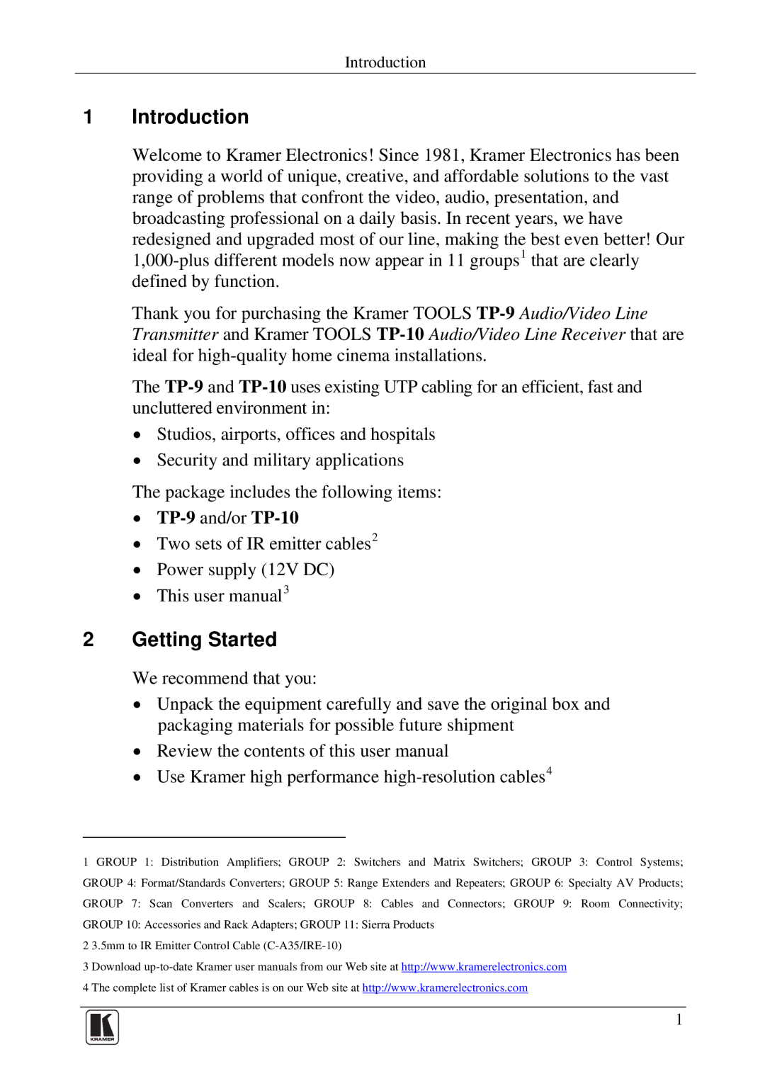 Kramer Electronics TP-9 user manual Introduction, Getting Started 