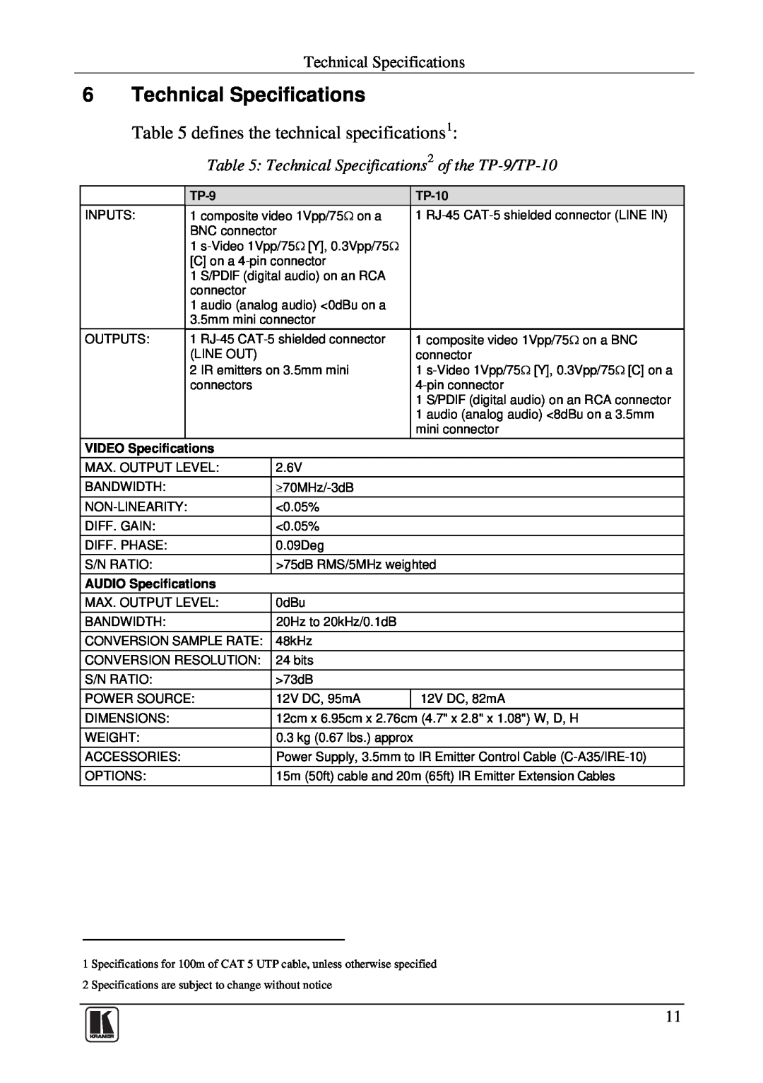 Kramer Electronics Technical Specifications2 of the TP-9/TP-10, VIDEO Specifications, AUDIO Specifications 