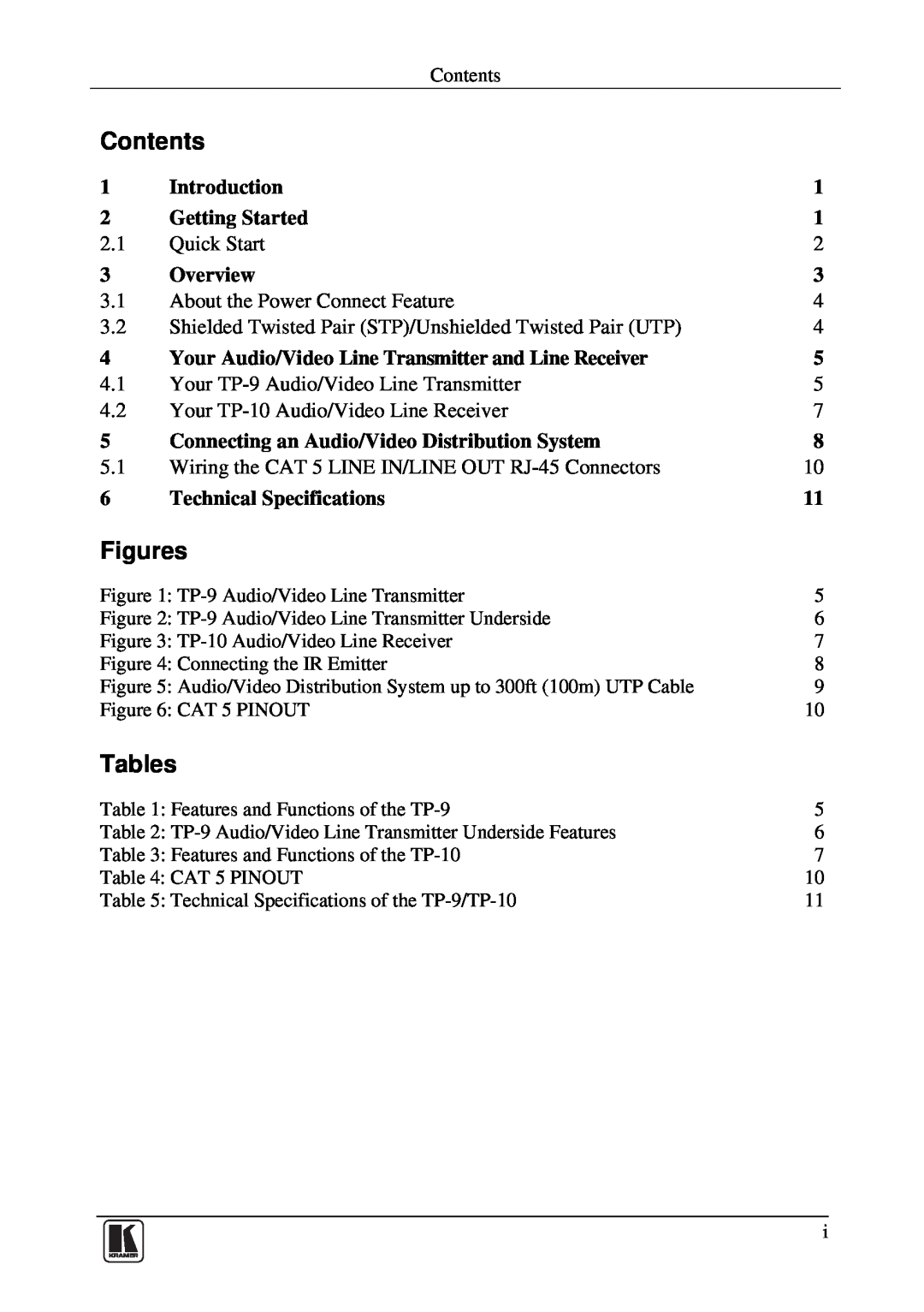 Kramer Electronics TP-9 Contents, Figures, Tables, Introduction, Getting Started, Overview, Technical Specifications 
