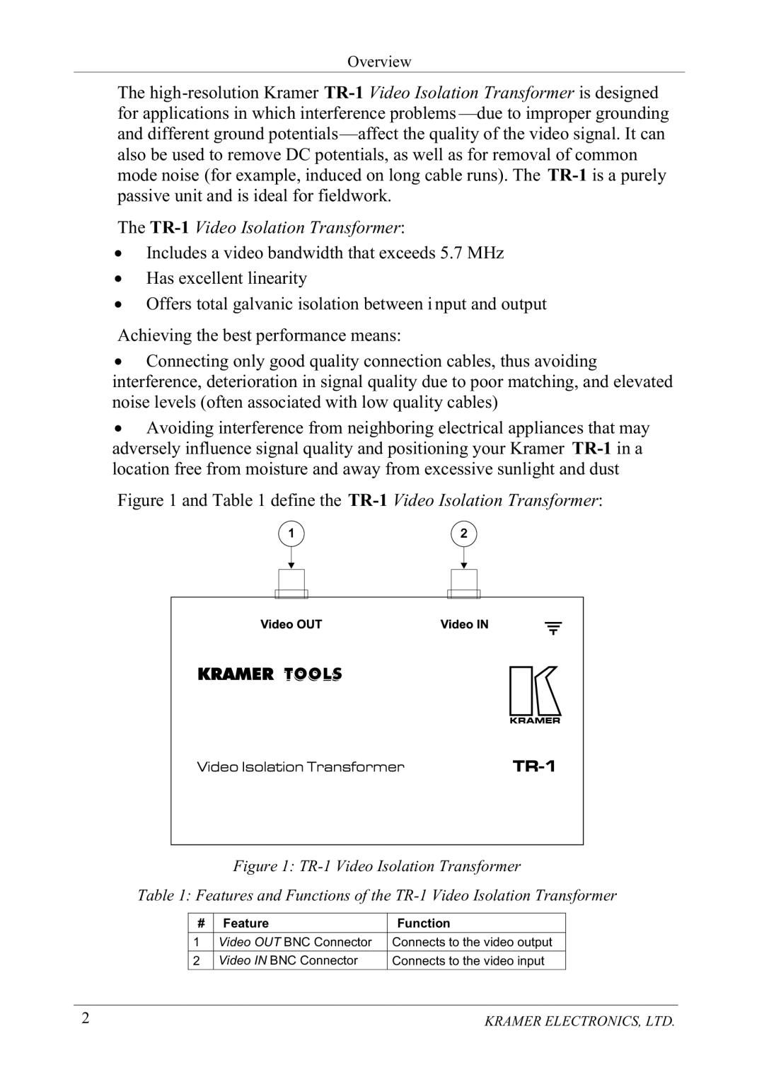 Kramer Electronics Tr-1 manual 7KH759LGHR,VRODWLRQ7UDQVIRUPHU, $Fklhylqjwkhehvwshuirupdqfhphdqv, Hdwxuh Xqfwlrq 