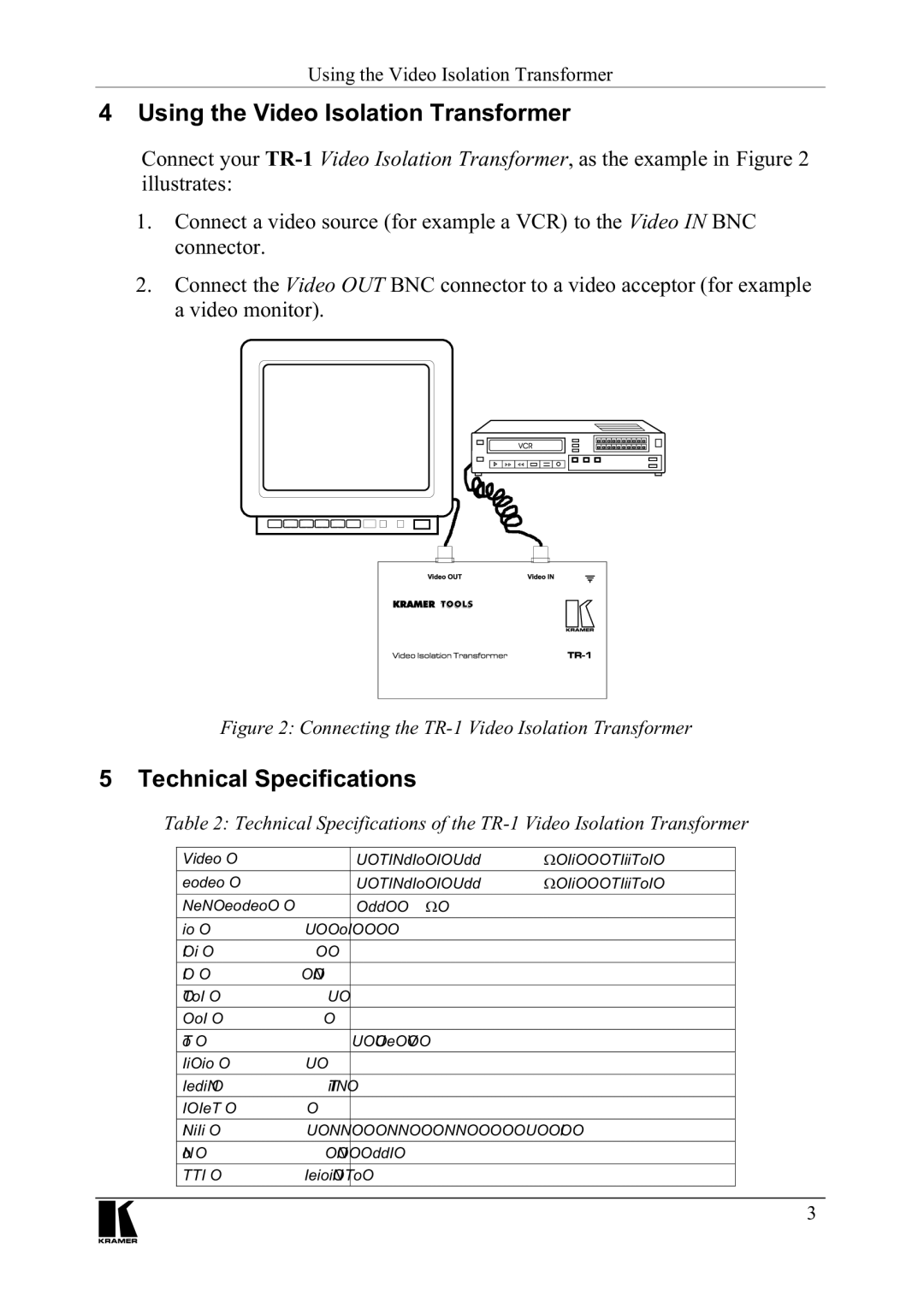 Kramer Electronics Tr-1 manual 8VLQJWKH9LGHR,VRODWLRQ7UDQVIRUPHU, 7HFKQLFDO6SHFLILFDWLRQV, Looxvwudwhv, Frqqhfwru 