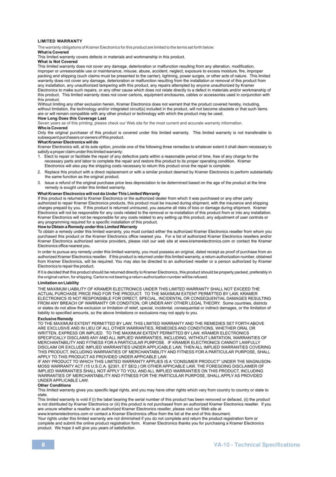 Kramer Electronics user manual VA-10 Technical Specifications 