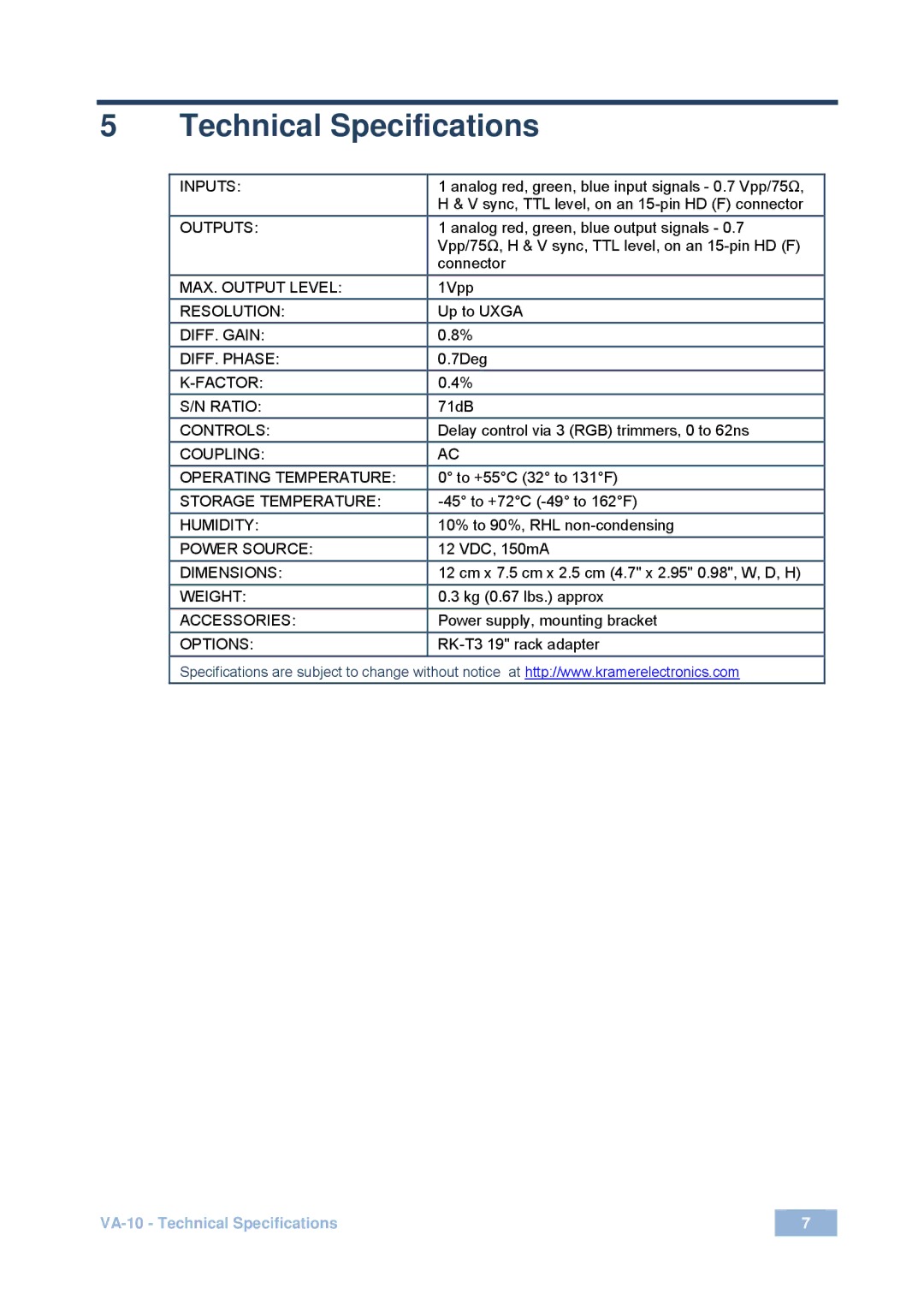 Kramer Electronics VA-10 user manual Technical Specifications, Inputs 