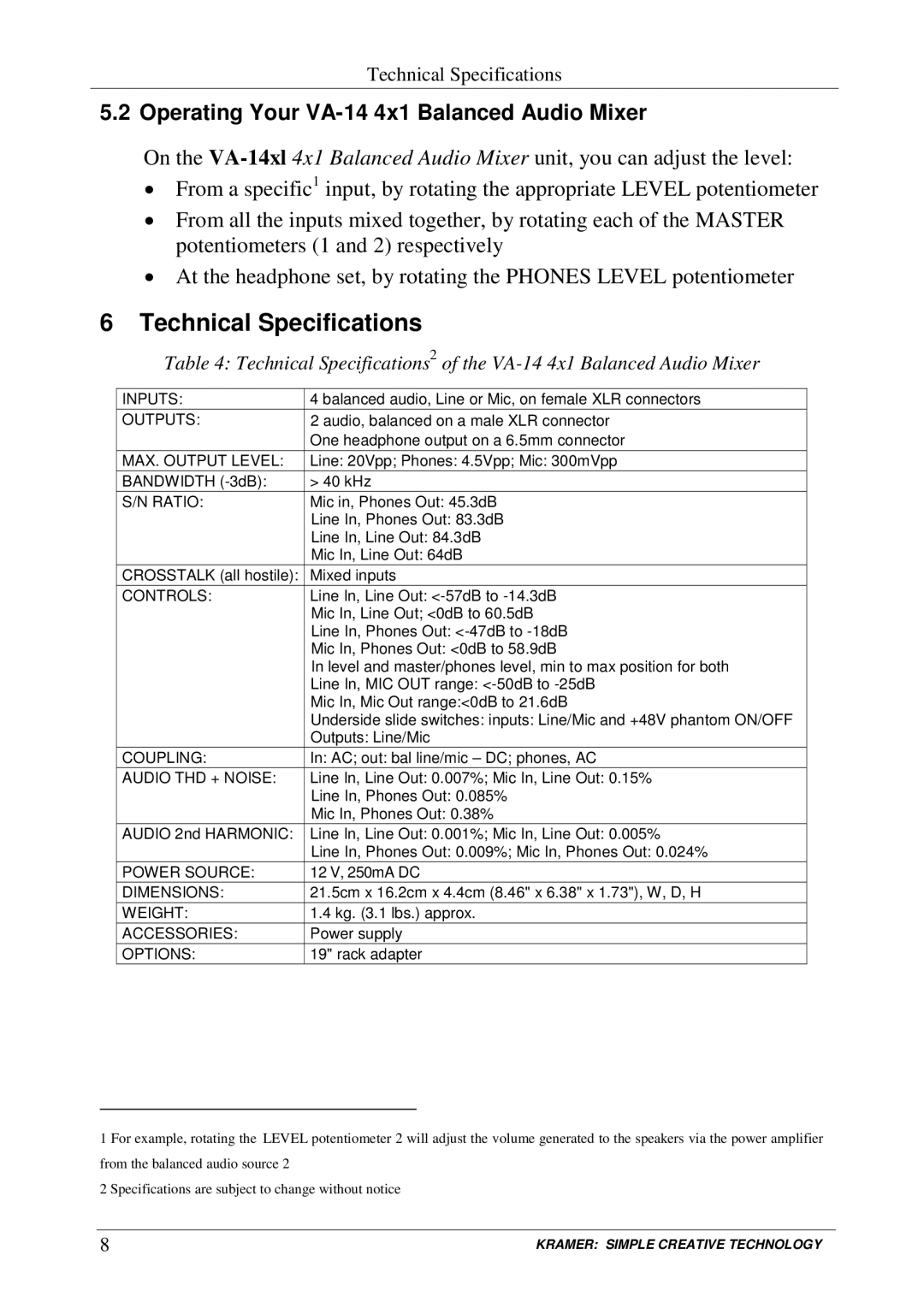 Kramer Electronics user manual Technical Specifications, Operating Your VA-14 4x1 Balanced Audio Mixer 