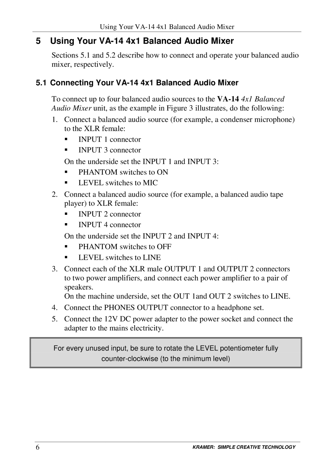 Kramer Electronics user manual Using Your VA-14 4x1 Balanced Audio Mixer, Connecting Your VA-14 4x1 Balanced Audio Mixer 