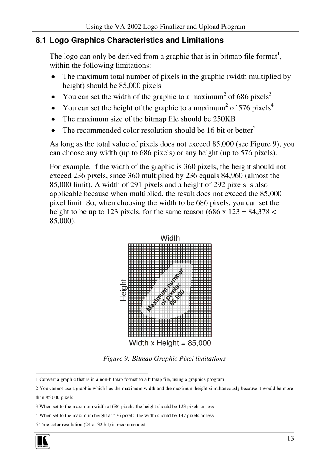 Kramer Electronics VA-2002 user manual Logo Graphics Characteristics and Limitations, Height 