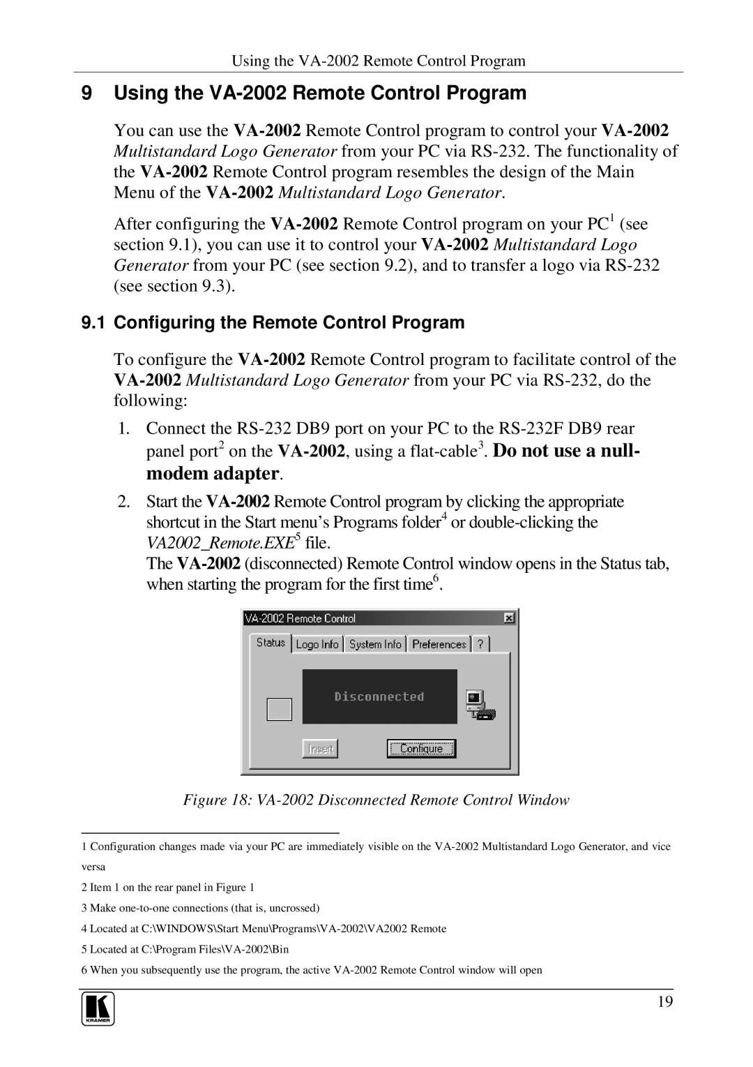 Kramer Electronics user manual Using the VA-2002 Remote Control Program, Configuring the Remote Control Program 