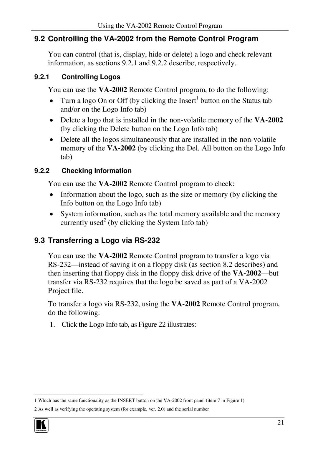 Kramer Electronics user manual Controlling the VA-2002 from the Remote Control Program, Transferring a Logo via RS-232 