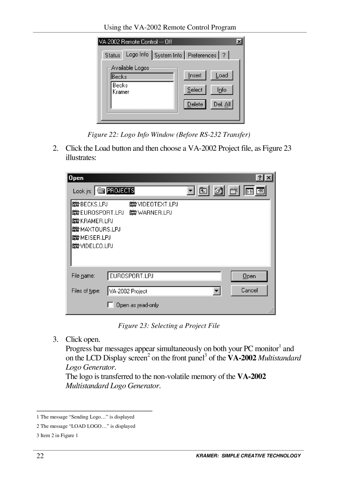 Kramer Electronics VA-2002 user manual Logo Info Window Before RS-232 Transfer 