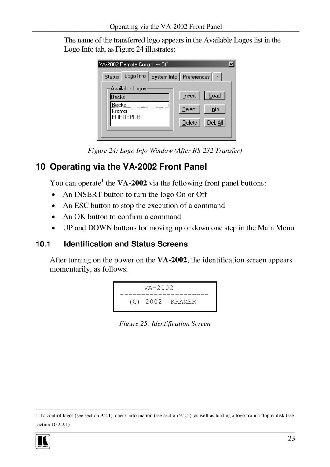 Kramer Electronics user manual Operating via the VA-2002 Front Panel, Identification and Status Screens 