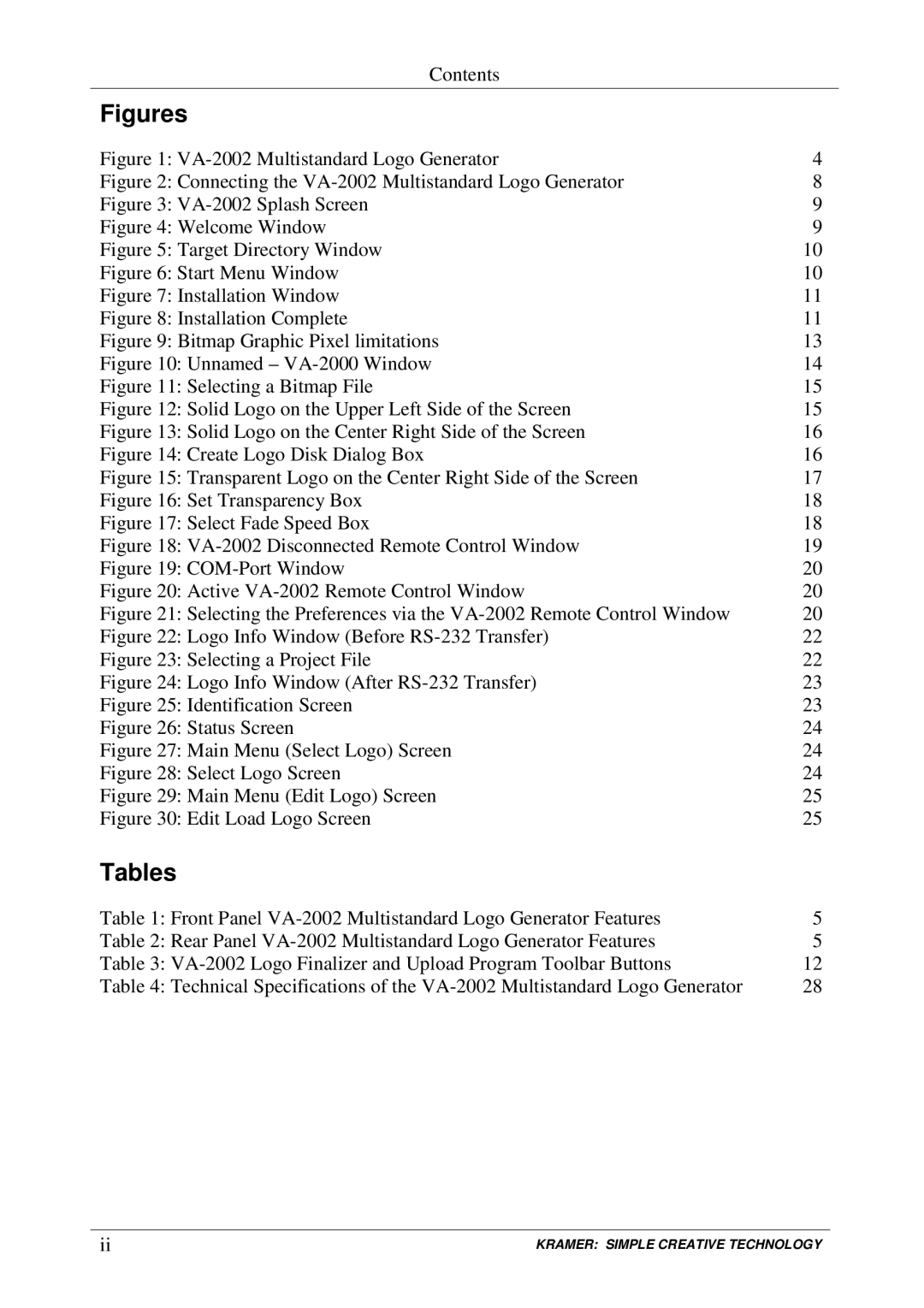 Kramer Electronics VA-2002 user manual Figures, Tables 