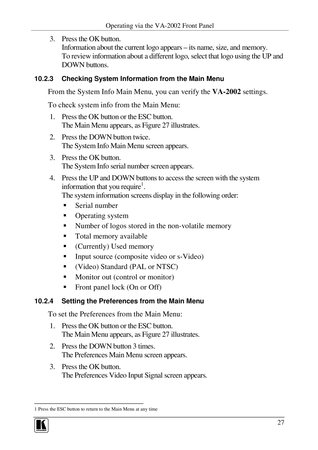 Kramer Electronics VA-2002 user manual Checking System Information from the Main Menu 