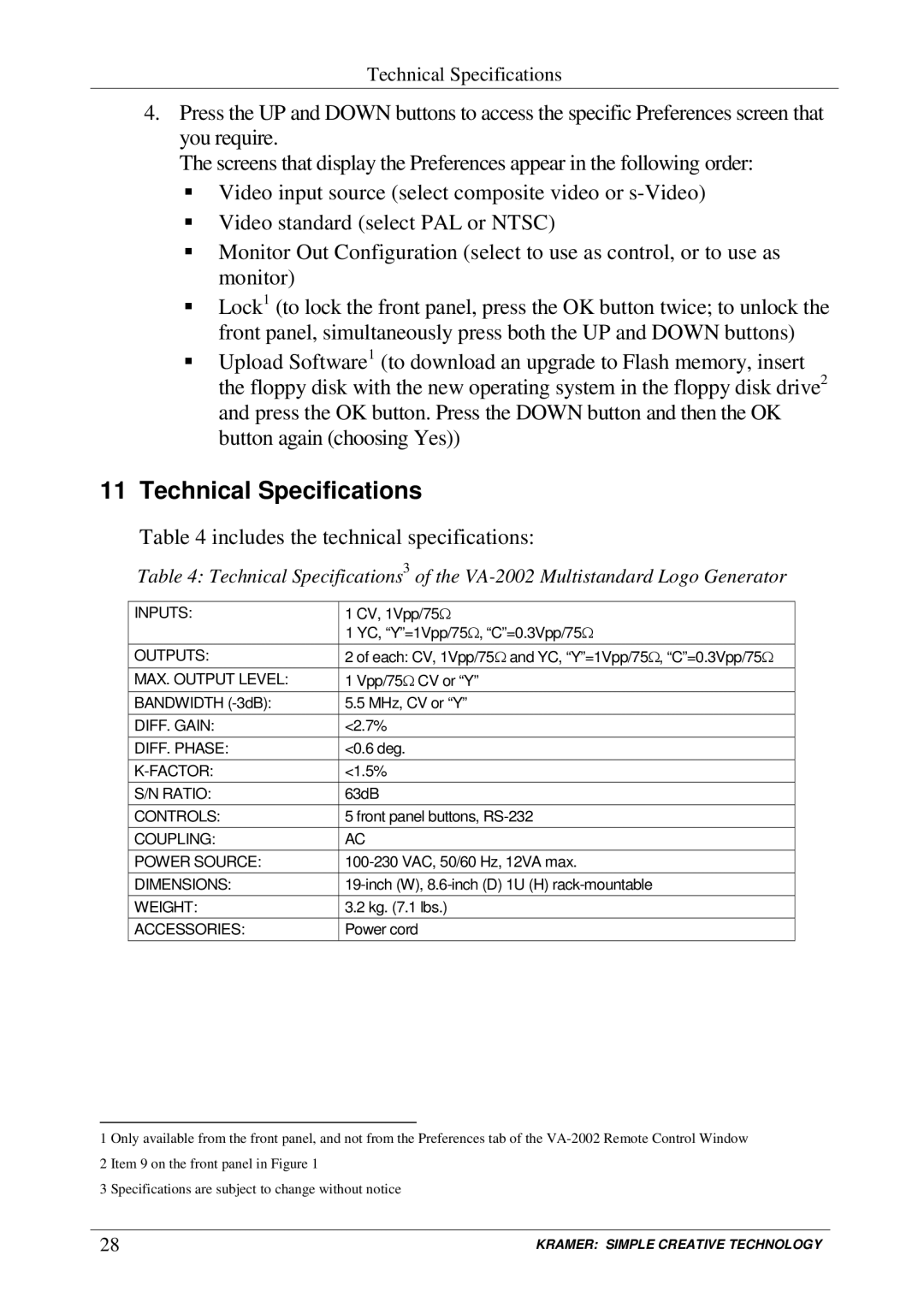 Kramer Electronics VA-2002 user manual Technical Specifications, Includes the technical specifications 