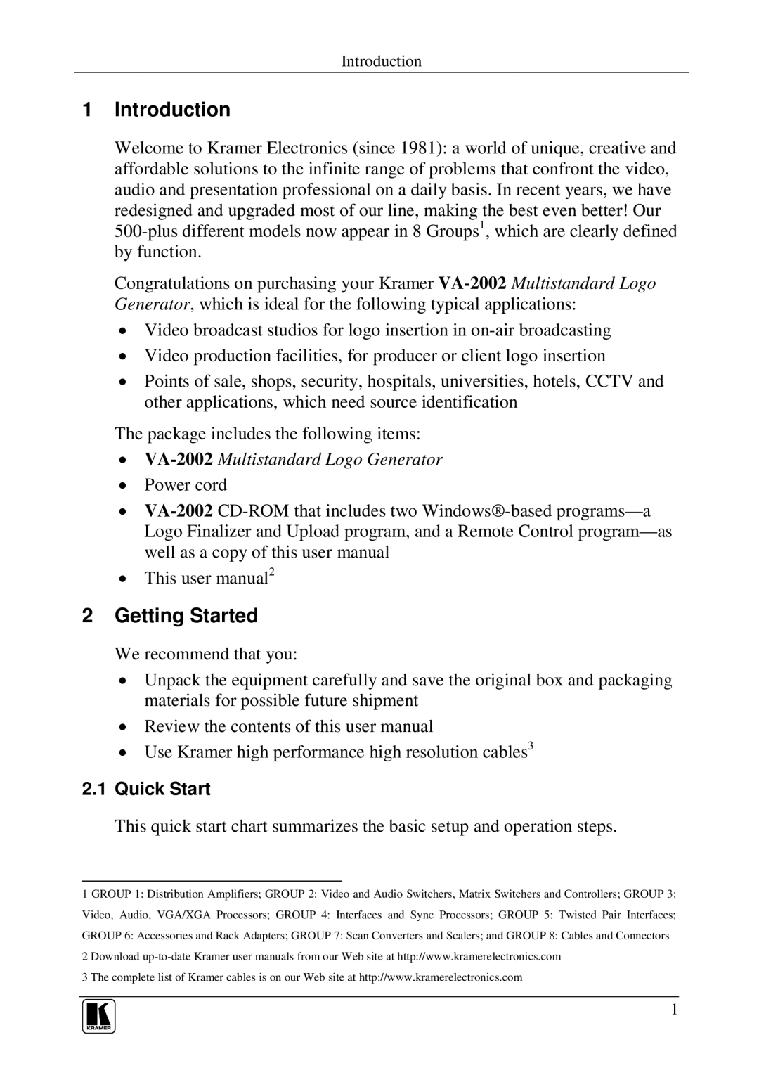 Kramer Electronics VA-2002 user manual Introduction, Getting Started, Quick Start 