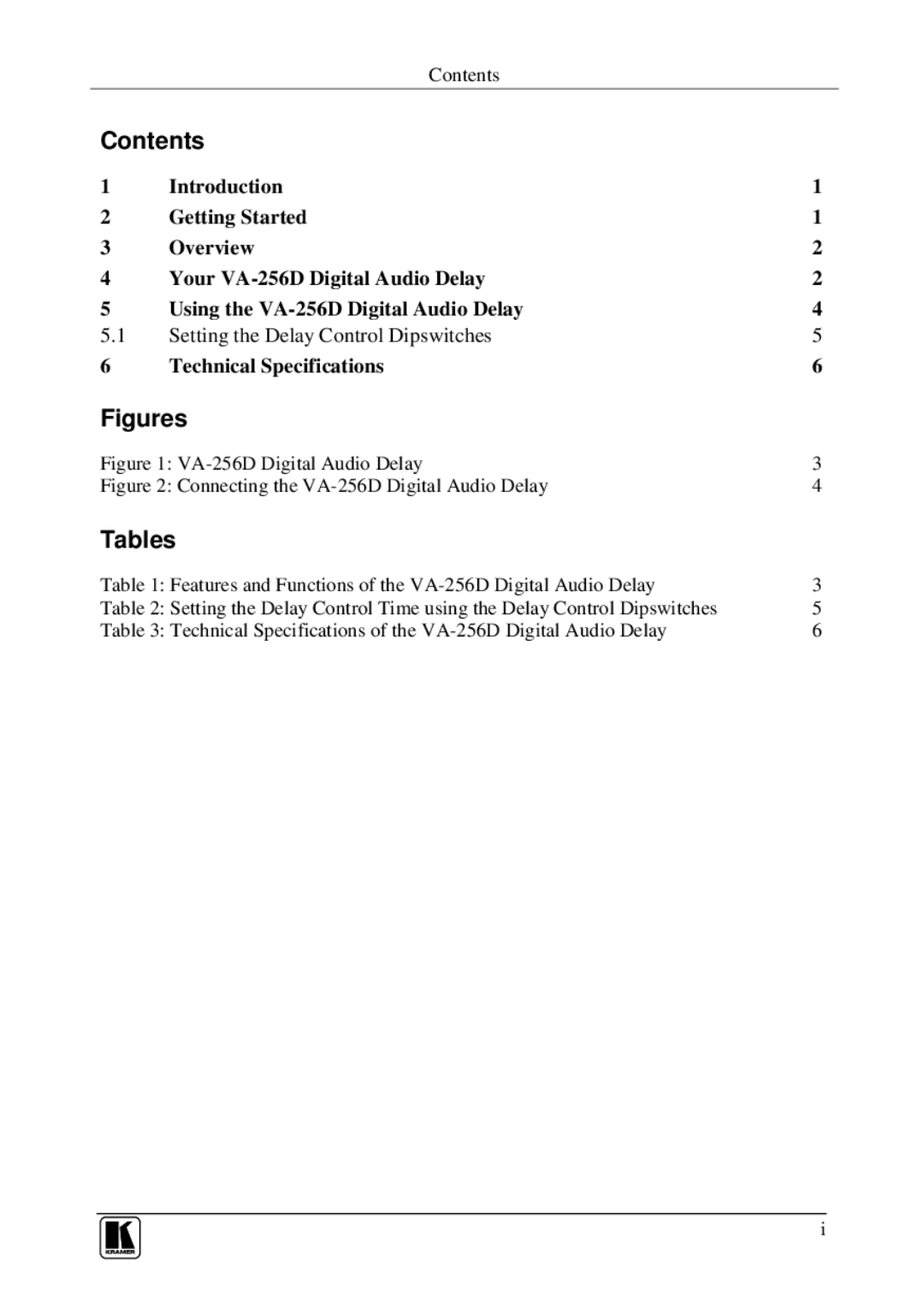 Kramer Electronics VA-256D user manual Contents, Tables 