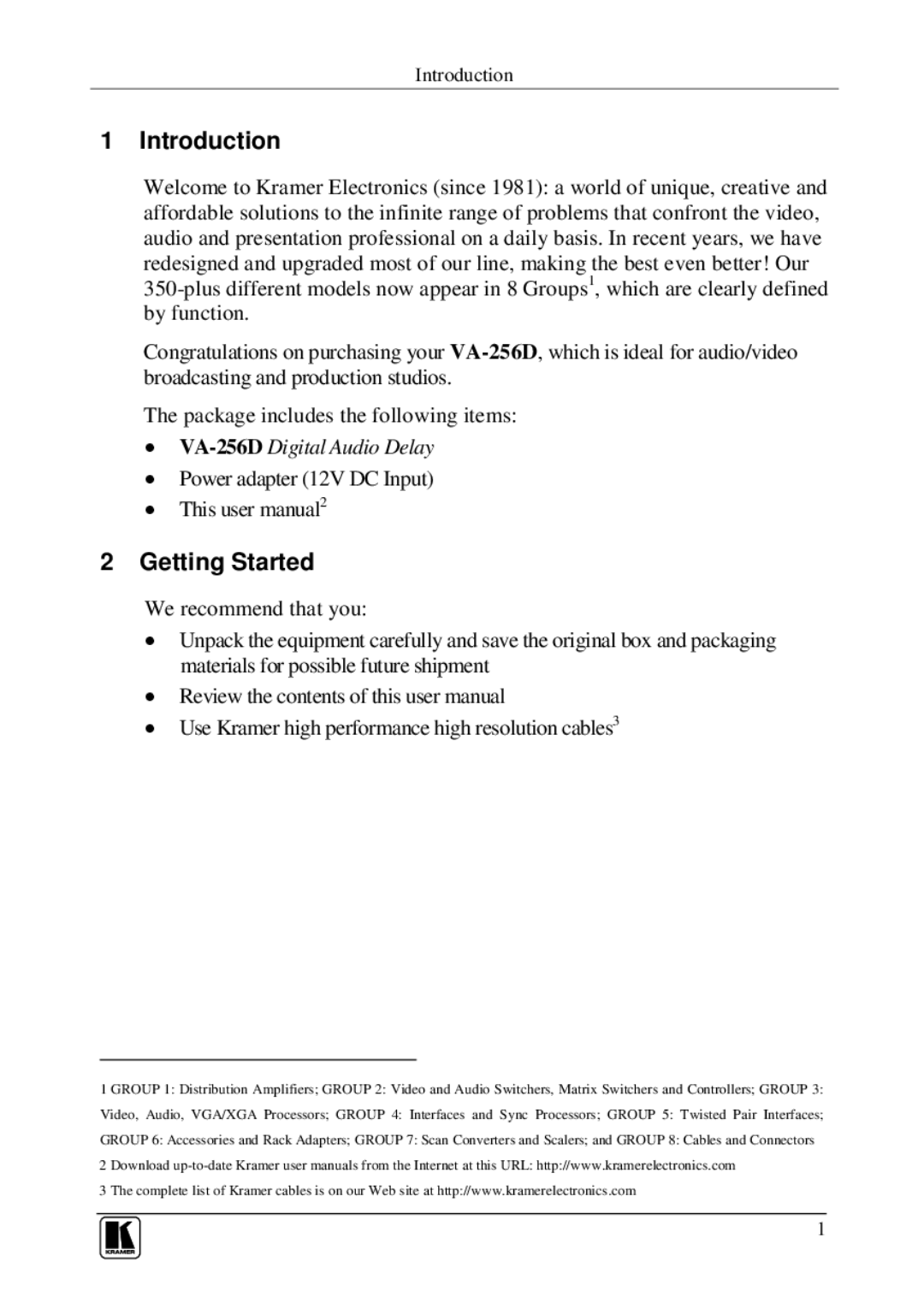 Kramer Electronics VA-256D user manual Introduction, Getting Started 